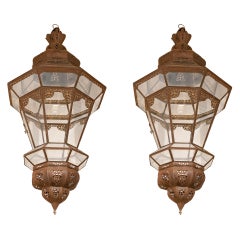 1980s Pair of Moroccan Iron Lanterns Hanging from Openwork Metal