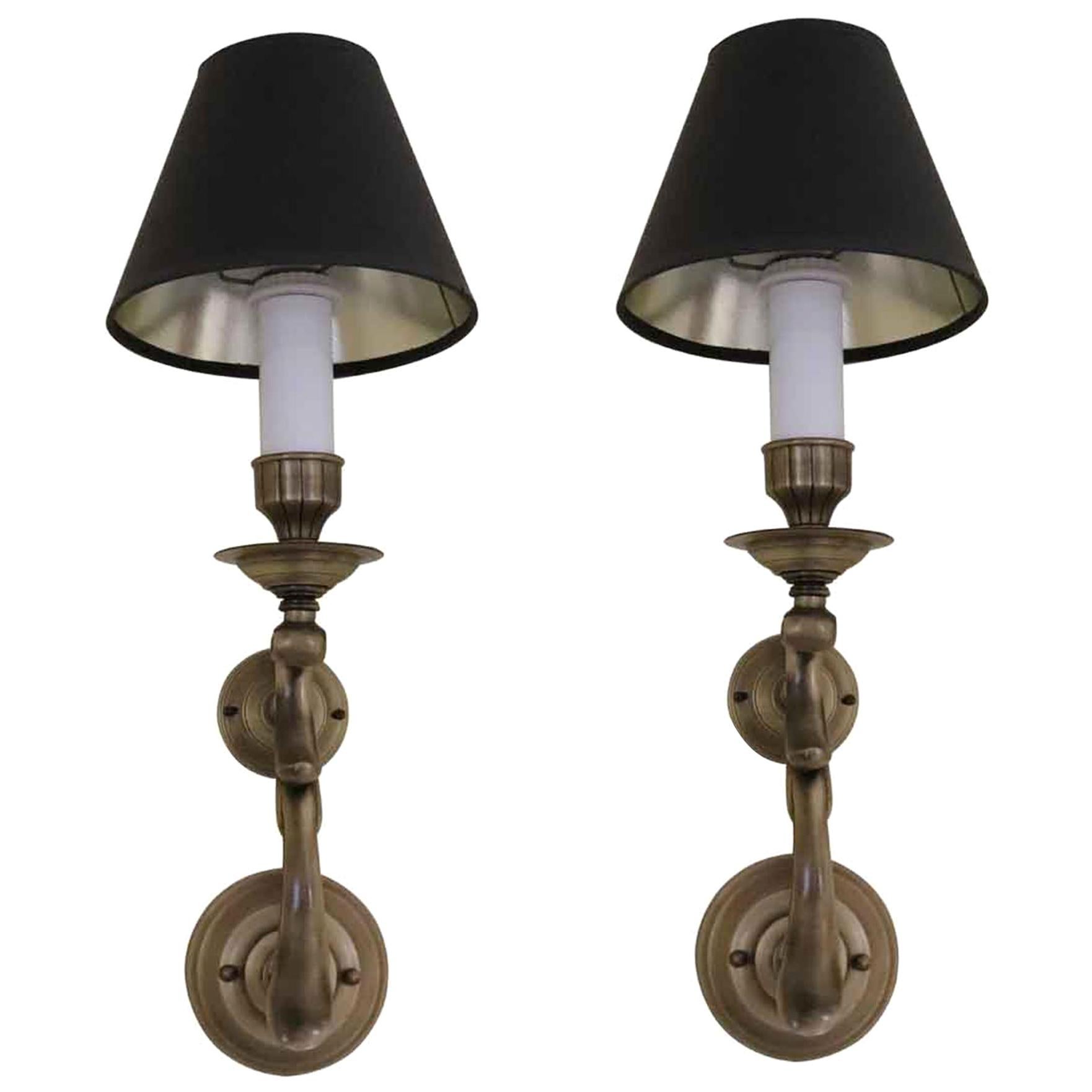 1980s Pair of NYC Waldorf Astoria Hotel Brass Sconces with Black Shades