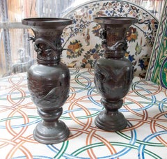 1980s Pair of Oriental Bronze Vases with Reliefs of Birds and Dragons