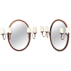 1980s Pair of Oval Iron Wall Mirror with Sconces