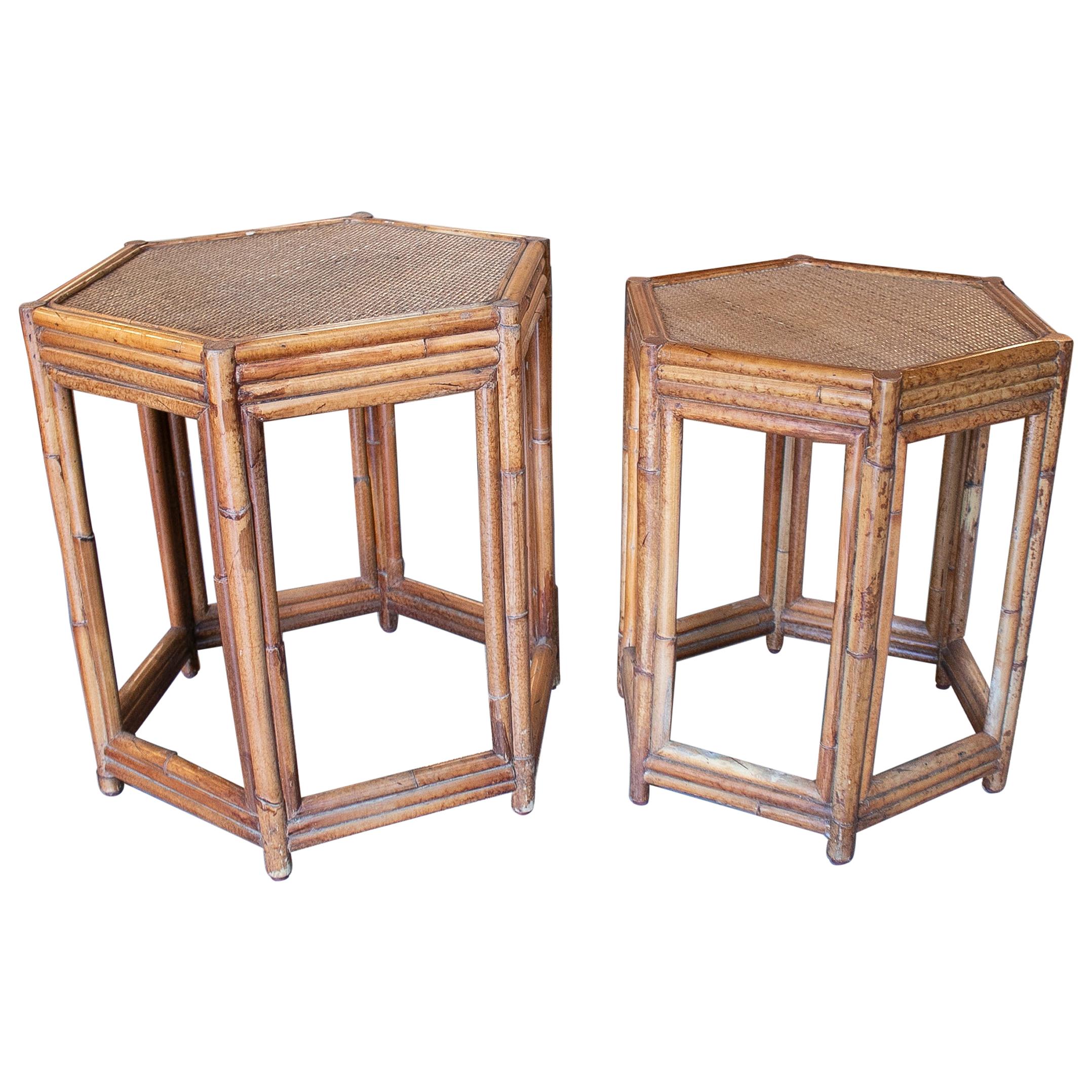 1980s Pair of Philippine Octagonal Bamboo and Rattan Small Tables