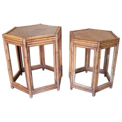 1980s Pair of Philippine Octagonal Bamboo and Rattan Small Tables