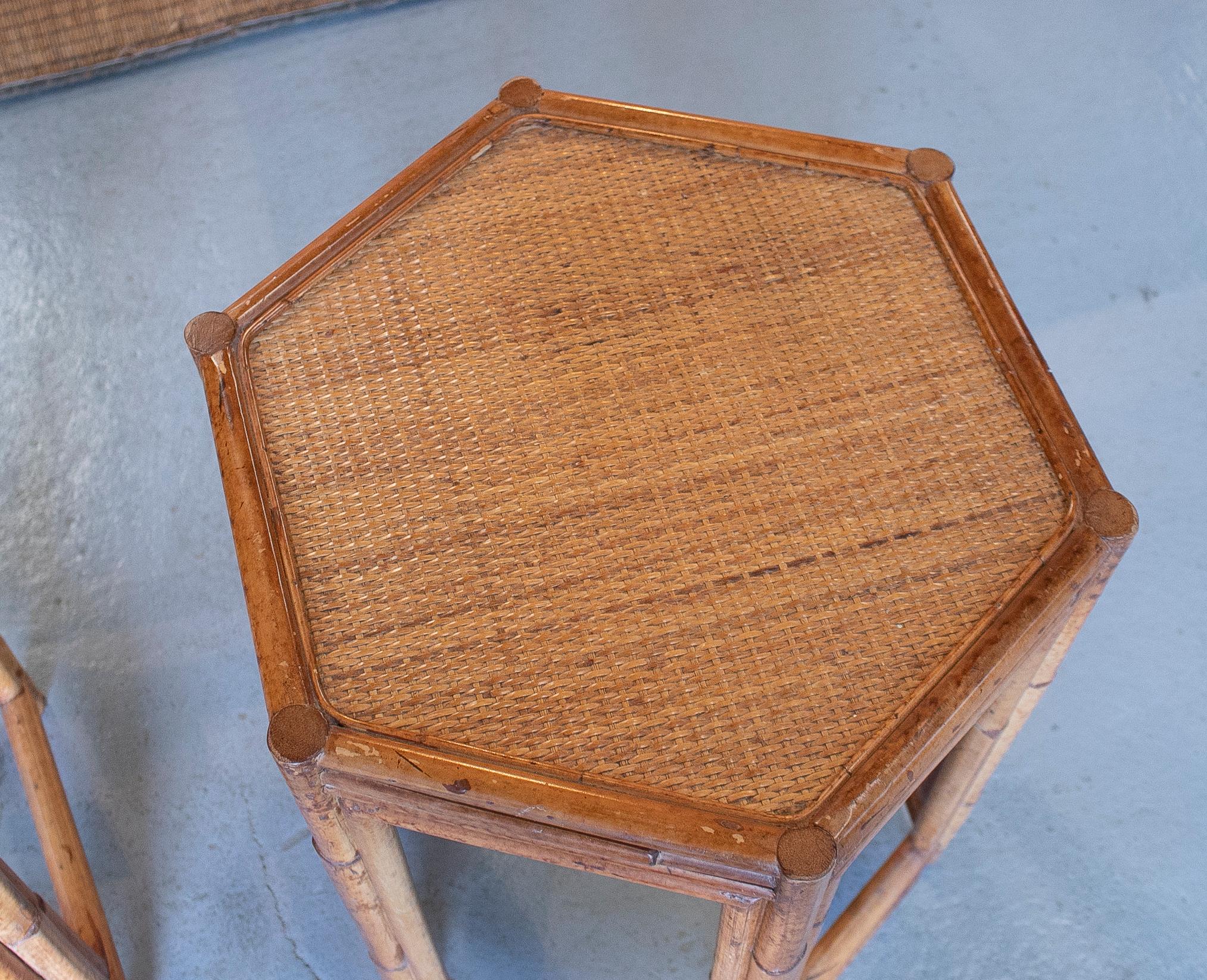 1980s Pair of Philippine Octagonal Bamboo and Rattan Small Tables 3