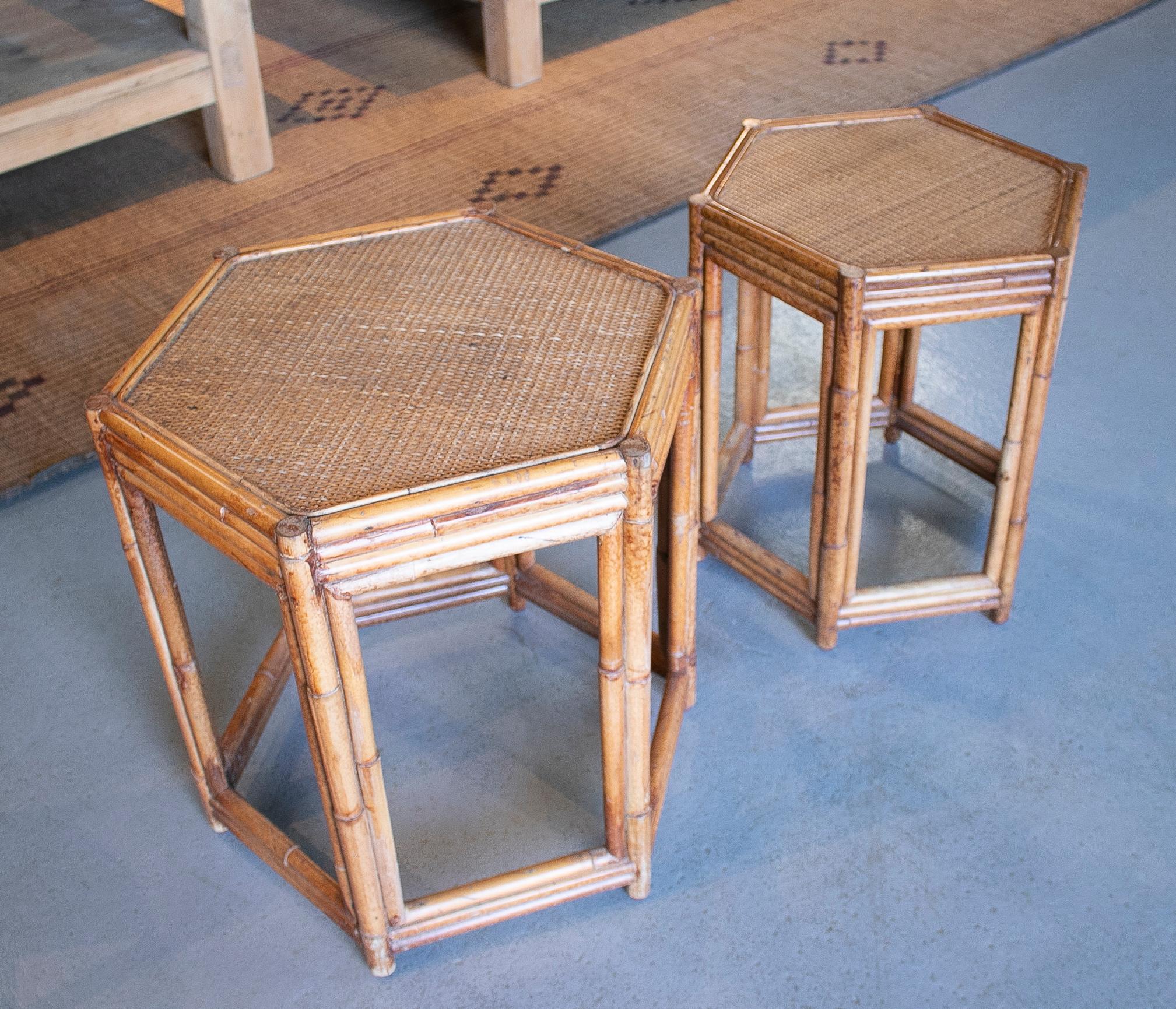 1980s Pair of Philippine Octagonal Bamboo and Rattan Small Tables In Good Condition In Marbella, ES