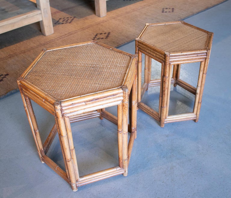 1980s Pair of Philippine Octagonal Bamboo and Rattan Small Tables For