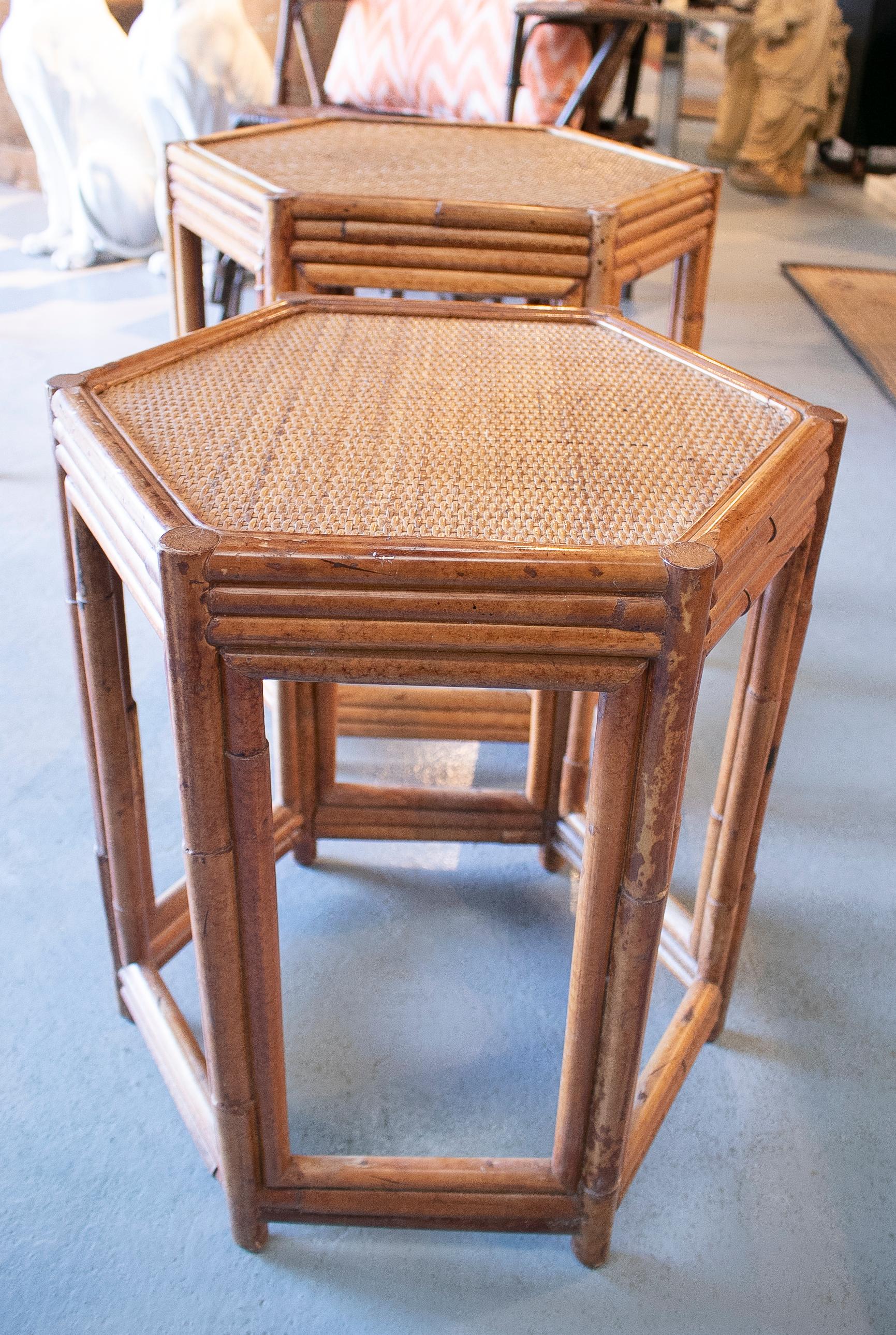 20th Century 1980s Pair of Philippine Octagonal Bamboo and Rattan Small Tables