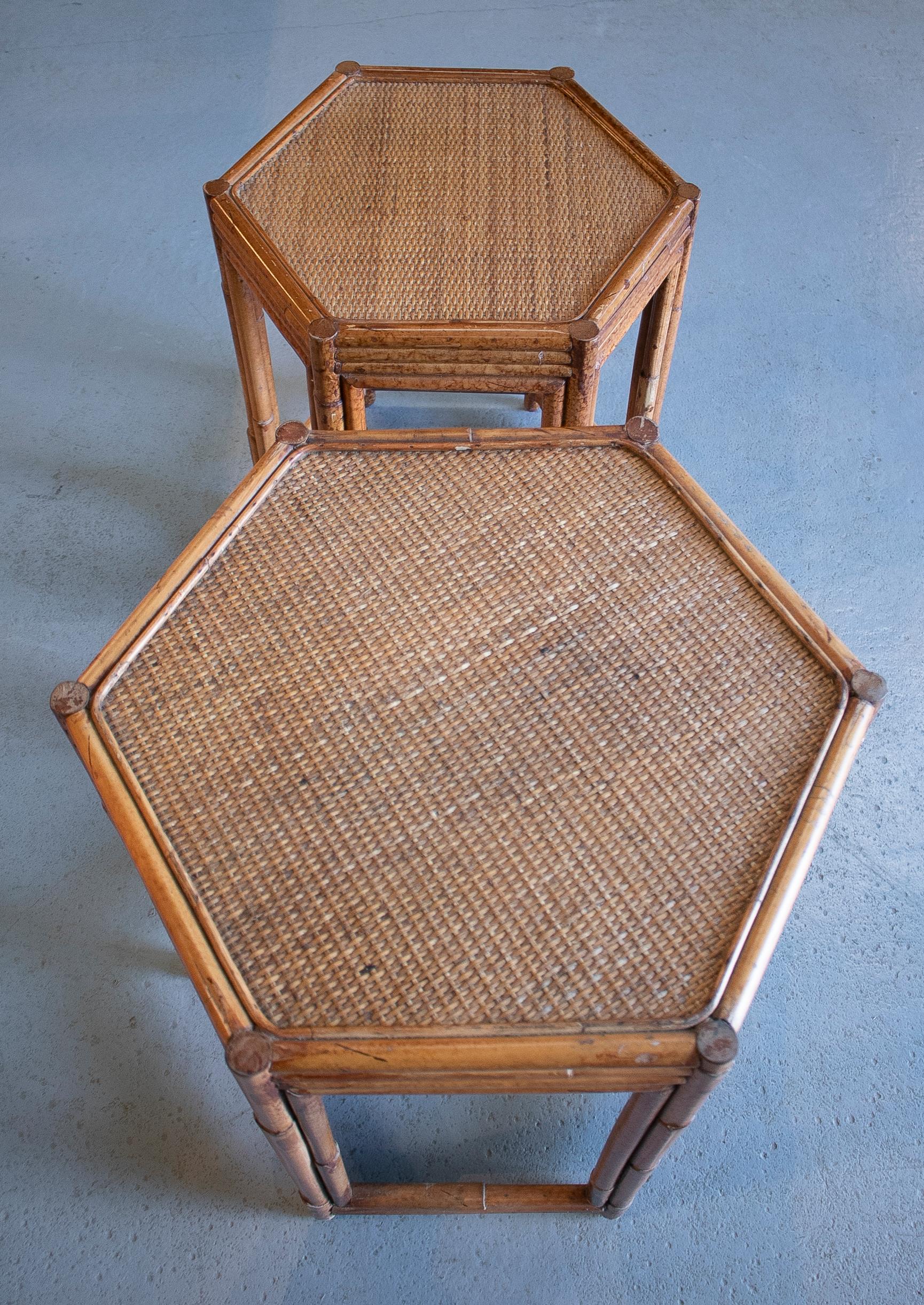 1980s Pair of Philippine Octagonal Bamboo and Rattan Small Tables 1