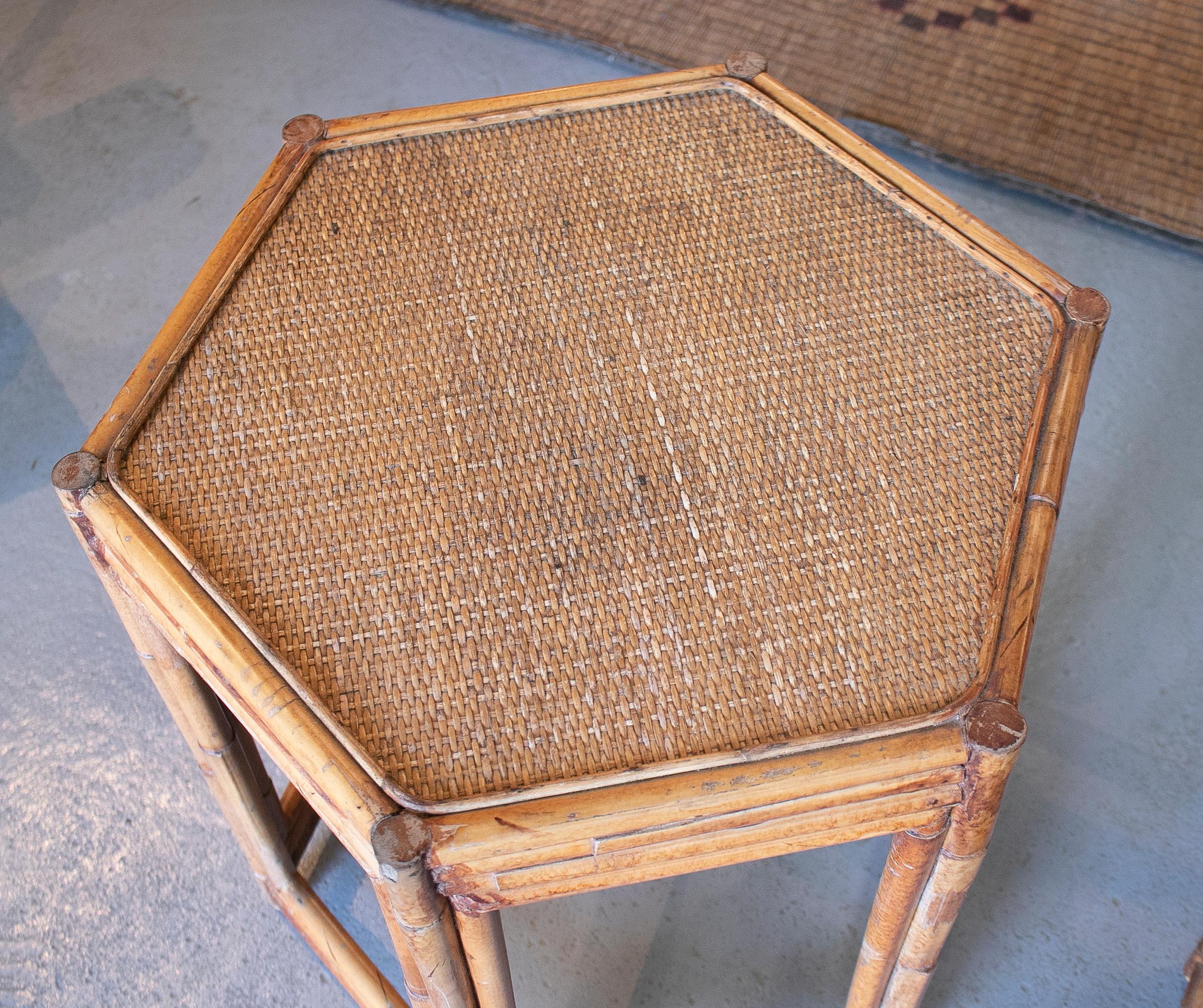 1980s Pair of Philippine Octagonal Bamboo and Rattan Small Tables 2