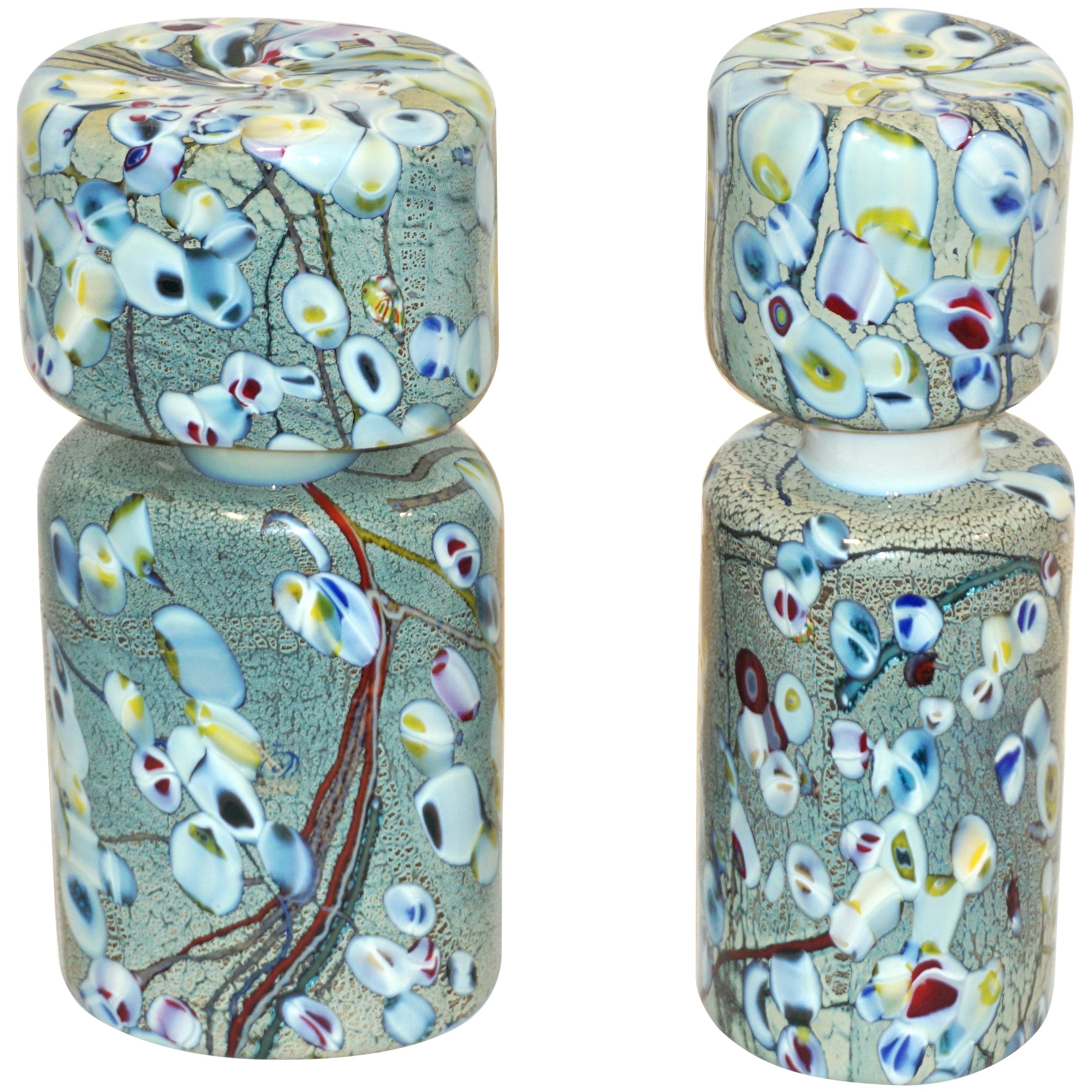 1980s Pair of Pino Signoretto Silver Green Blue Yellow Red Murano Glass Bottles