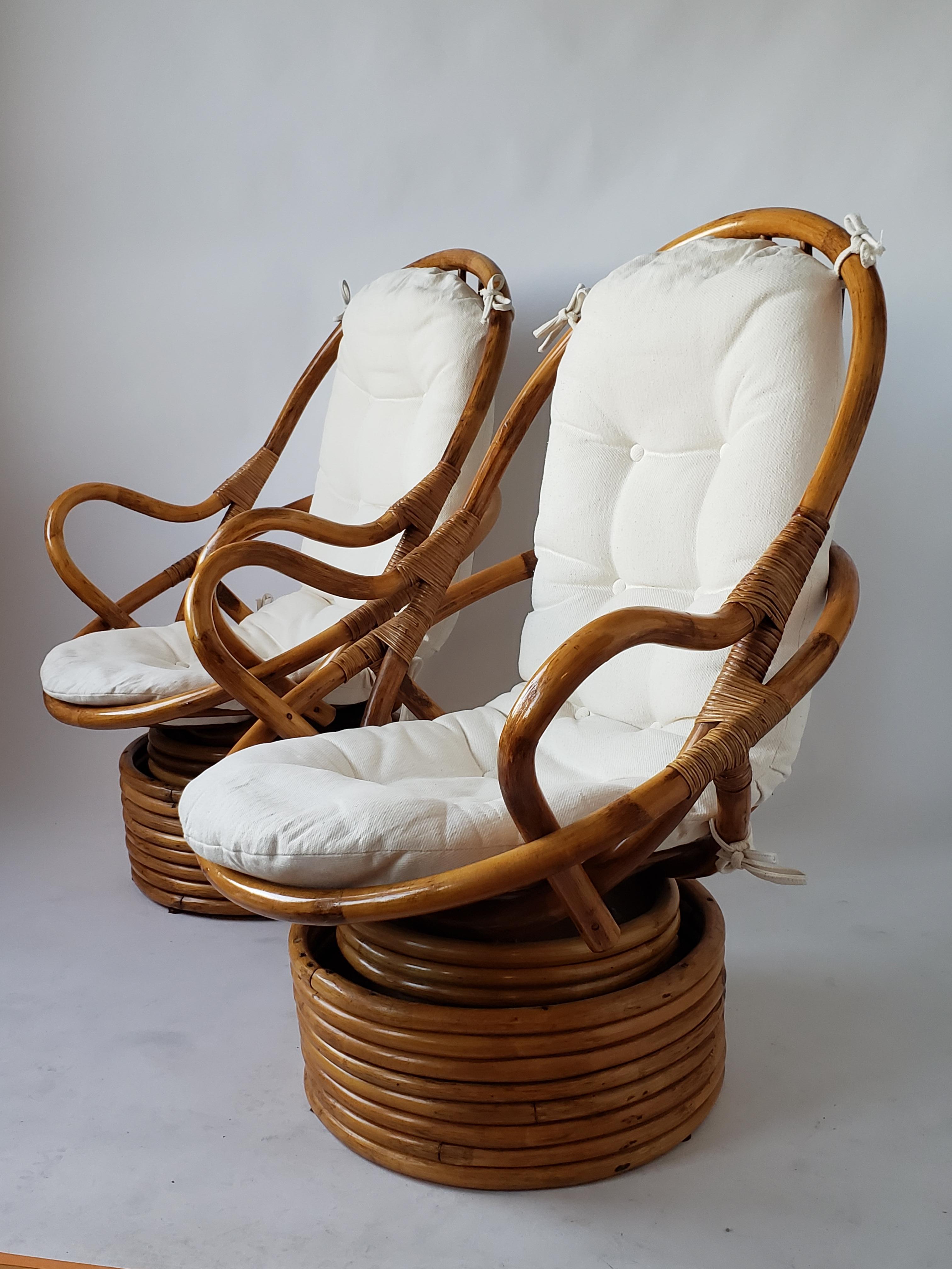 American 1980s Pair of Rattan Rocking and Swivel Lounge Chair , USA