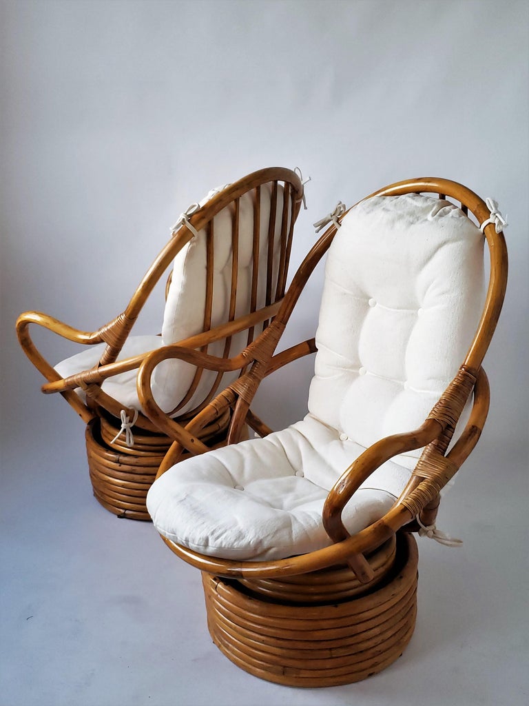 1980s Pair of Rattan Rocking and Swivel Lounge Chair , USA at 1stDibs