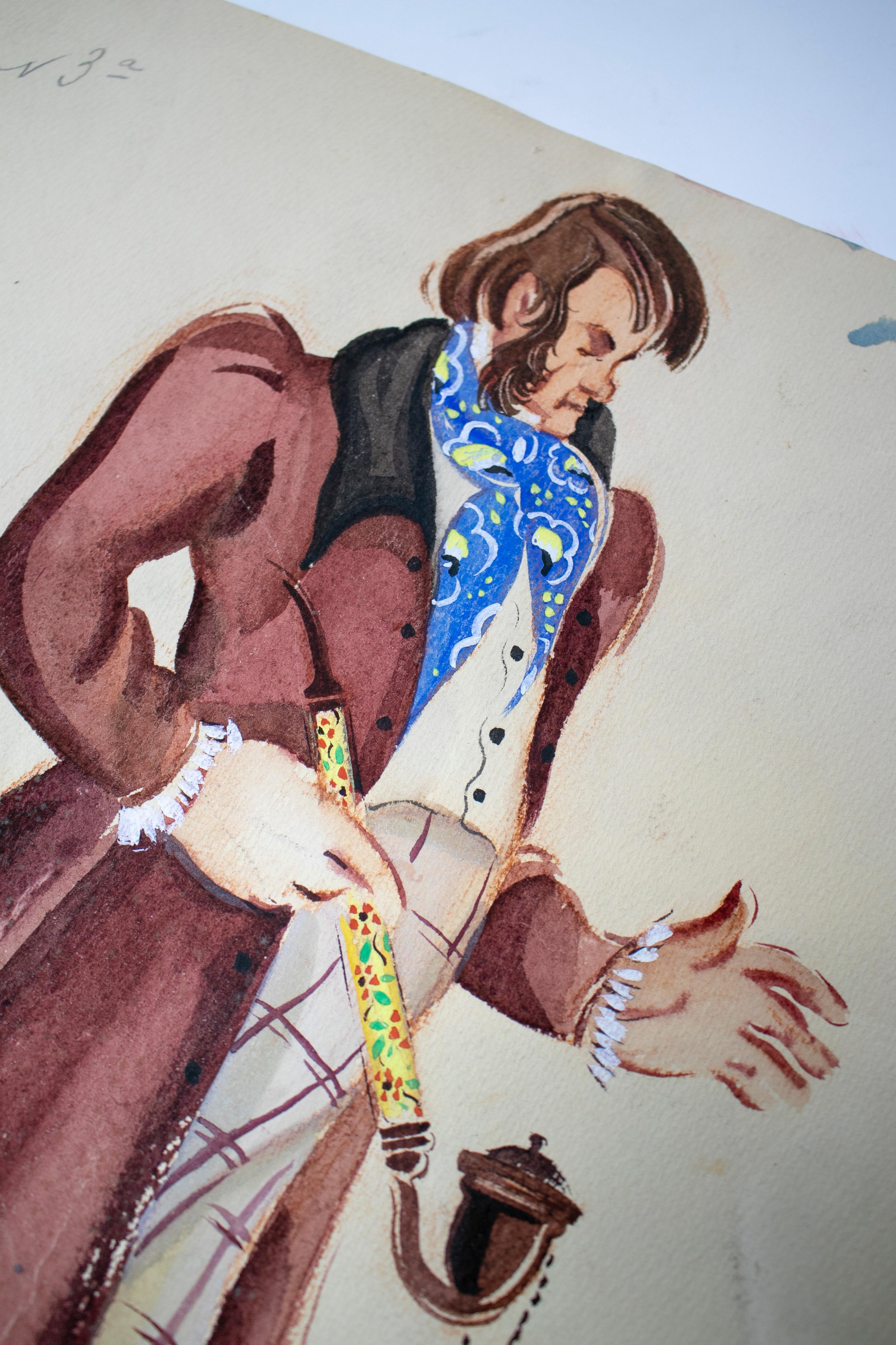 paire d'aquarelles et de dessins de gentlemen russes des années 1980 Bon état - En vente à Marbella, ES