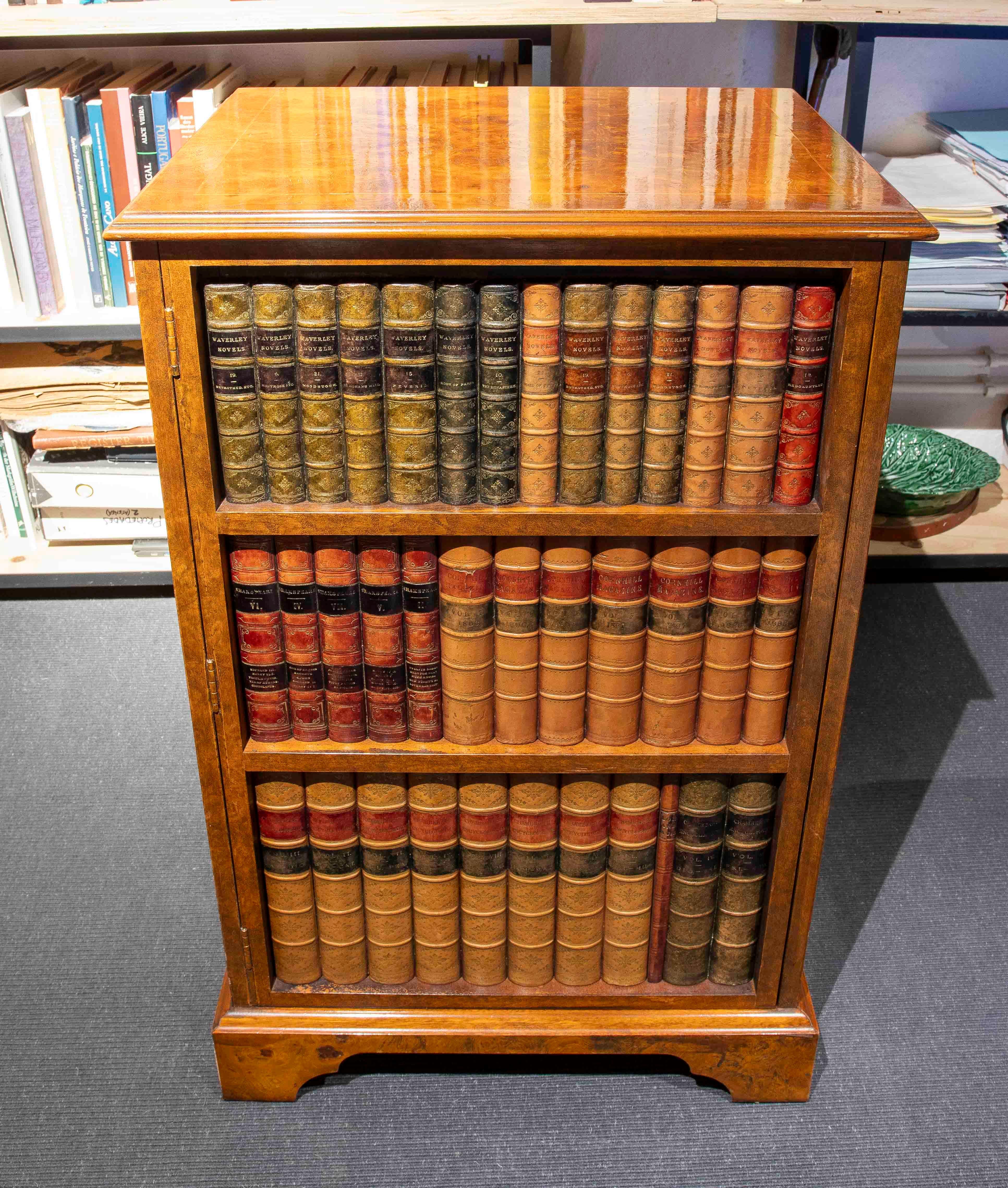 Questa elegante coppia di mobili secretaire a ripiani è stata progettata per simulare una libreria classica, con dorsi decorativi che aggiungono un tocco sofisticato e unico. La parte superiore è dotata di un coperchio incernierato che rivela un