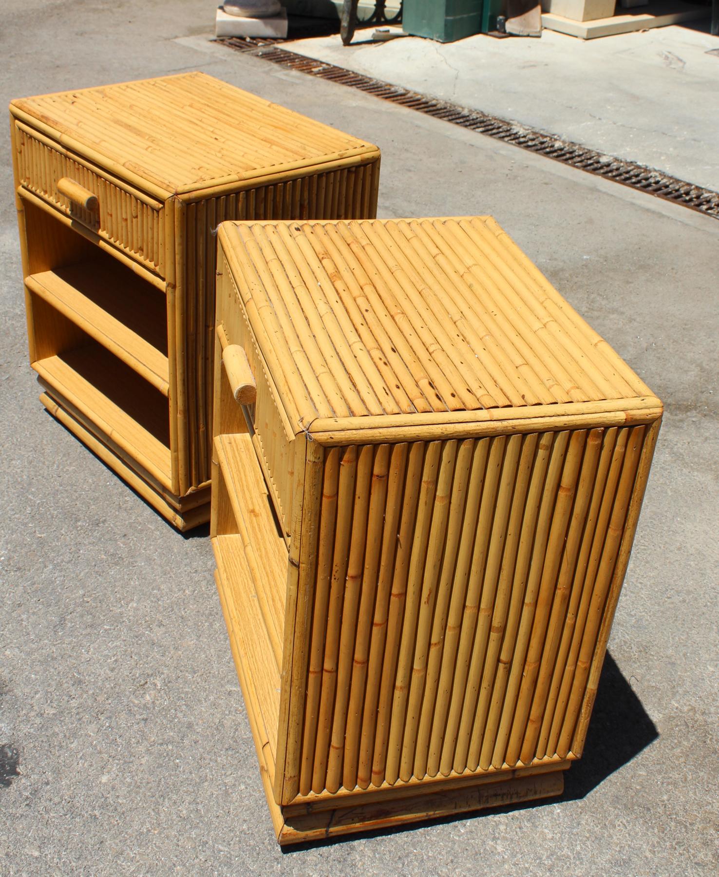 1980s Pair of Spanish Bamboo and Rattan Bedside Tables 2