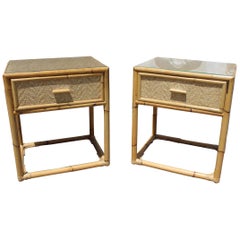Retro 1980s Pair of Spanish Bamboo and Rattan Bedside Tables