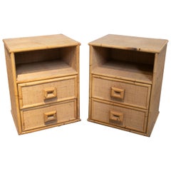 1980s Pair of Spanish Bamboo and Wicker Bedside Tables