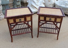 1980s Pair of Spanish Bamboo and Wicker Side Tables
