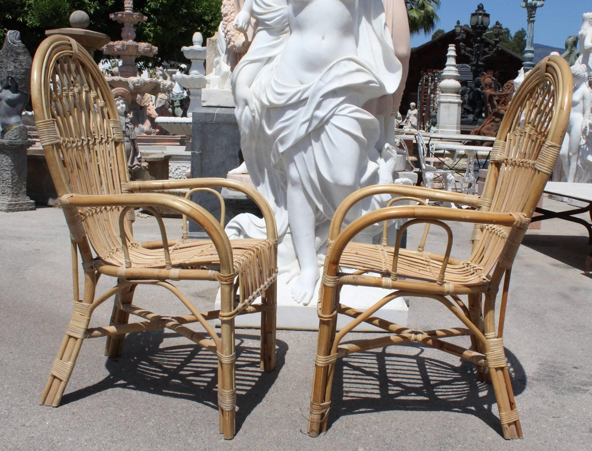 1980s Pair of Spanish Bamboo Armchairs with Rounded Back Rest For Sale 1