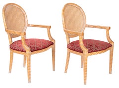 1980s Pair of Spanish Hand Carved Armchairs with Wicker Decorated Backrest