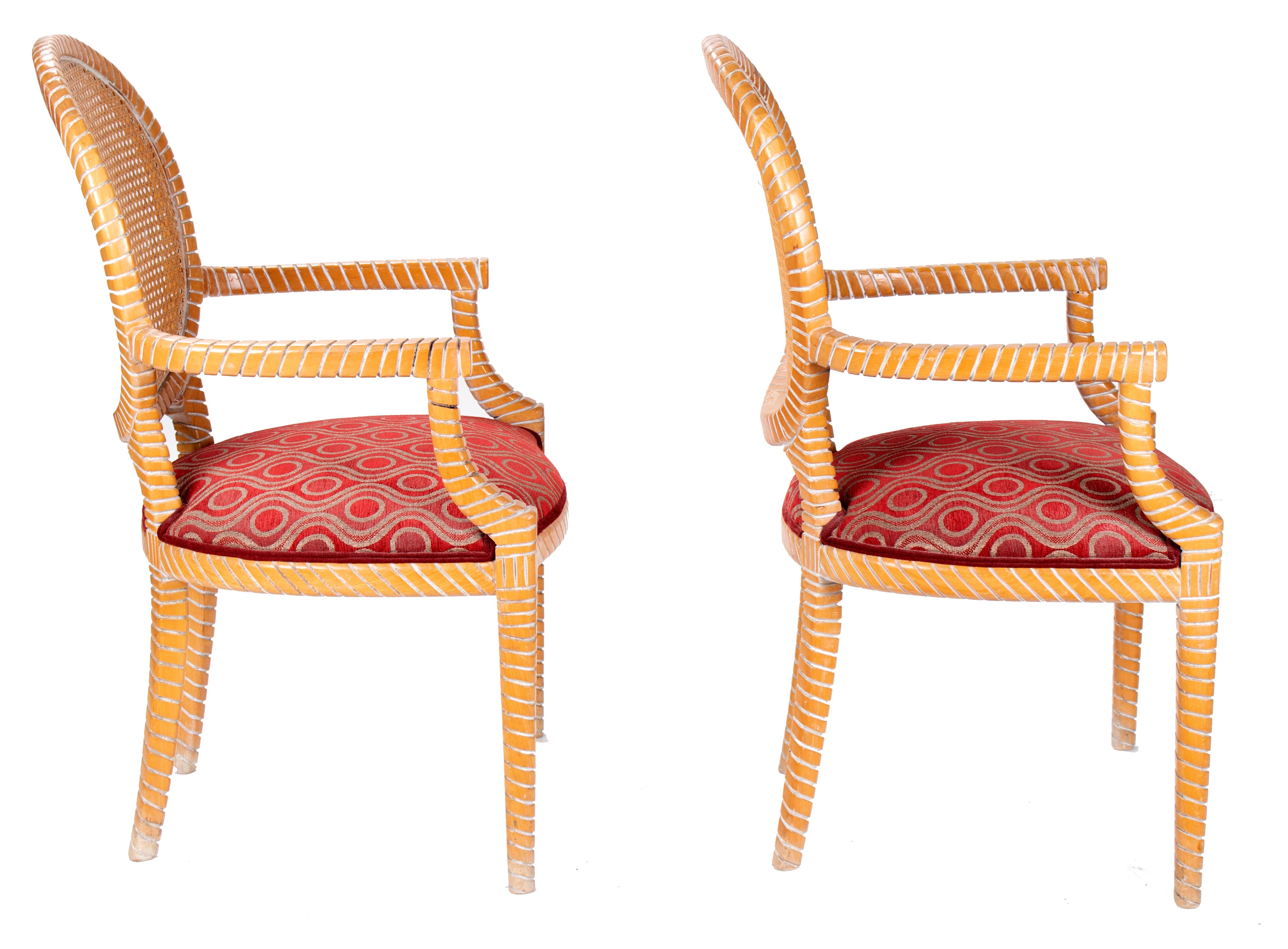 1980s Pair of Spanish Hand Carved Armchairs with Wicker Decorated Backrest In Good Condition For Sale In Marbella, ES