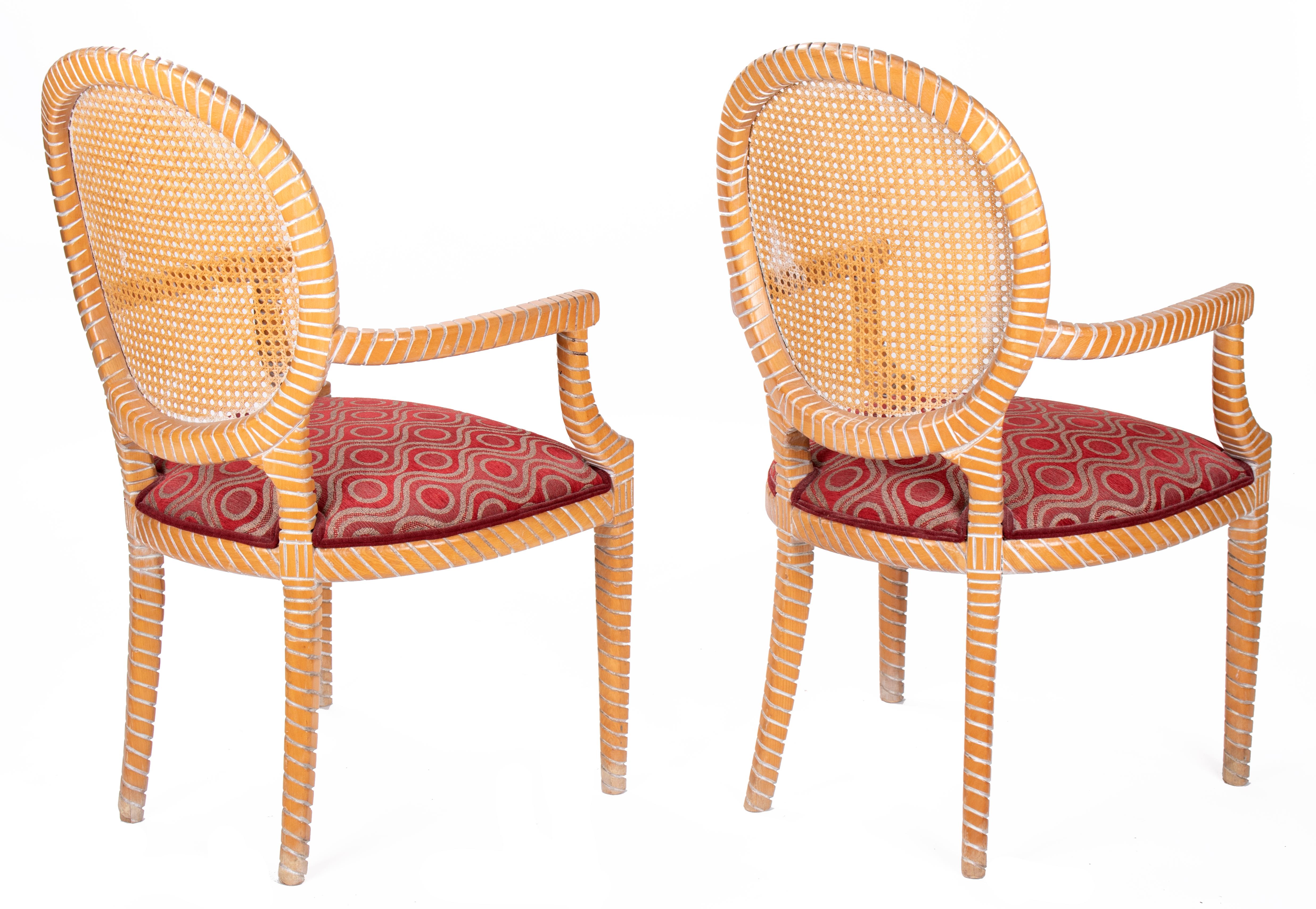 20th Century 1980s Pair of Spanish Hand Carved Armchairs with Wicker Decorated Backrest For Sale