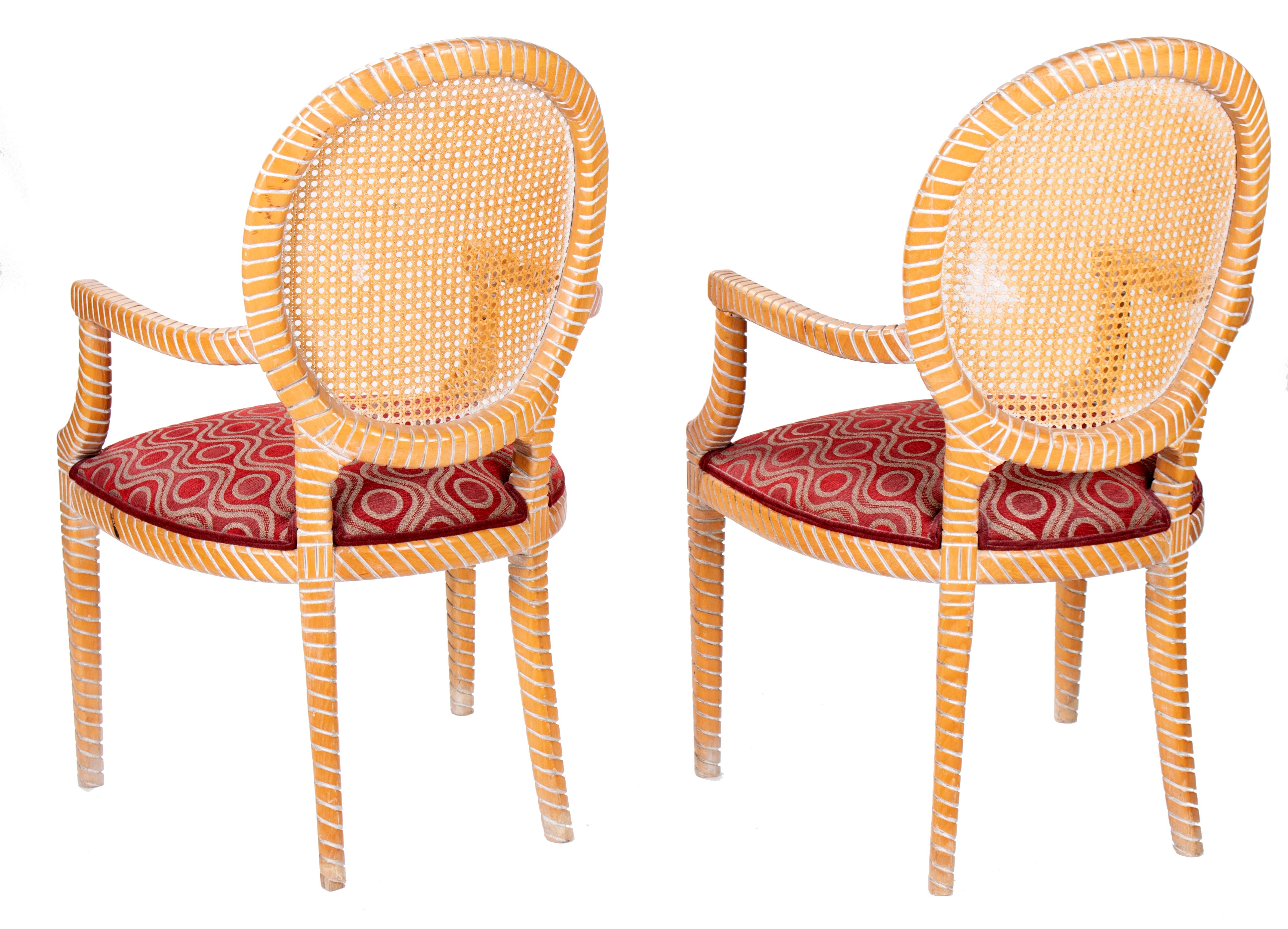 1980s Pair of Spanish Hand Carved Armchairs with Wicker Decorated Backrest For Sale 1