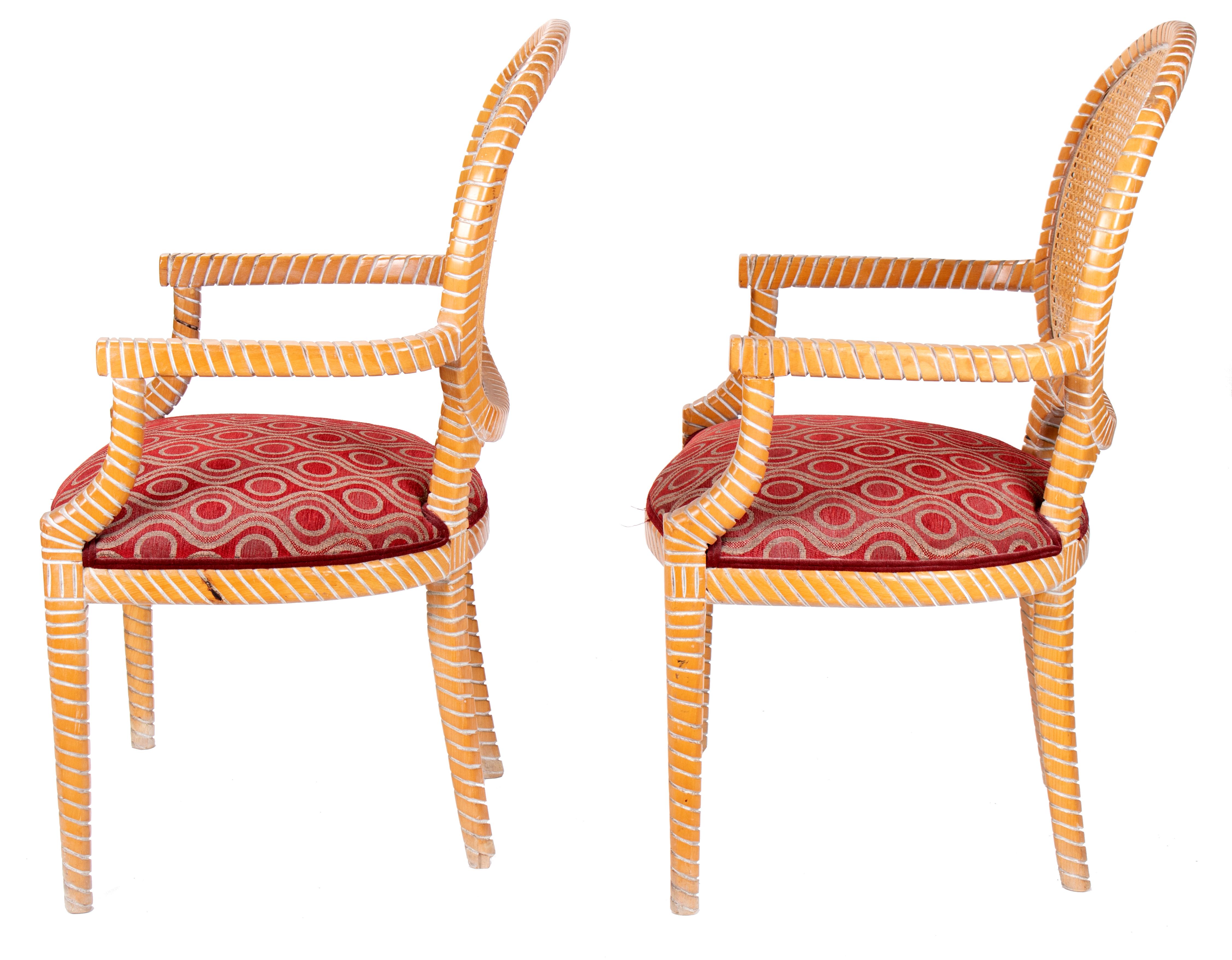 1980s Pair of Spanish Hand Carved Armchairs with Wicker Decorated Backrest For Sale 2