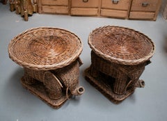 1980s Pair of Spanish Hand Woven Wicker Elephant Round Low Pedestal Tables
