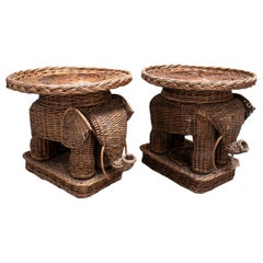 Vintage 1980s Pair of Spanish Hand Woven Wicker Elephant Round Low Pedestal Tables