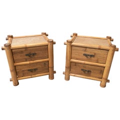 1980s Pair of Spanish Two Drawer Bamboo Bedside Tables