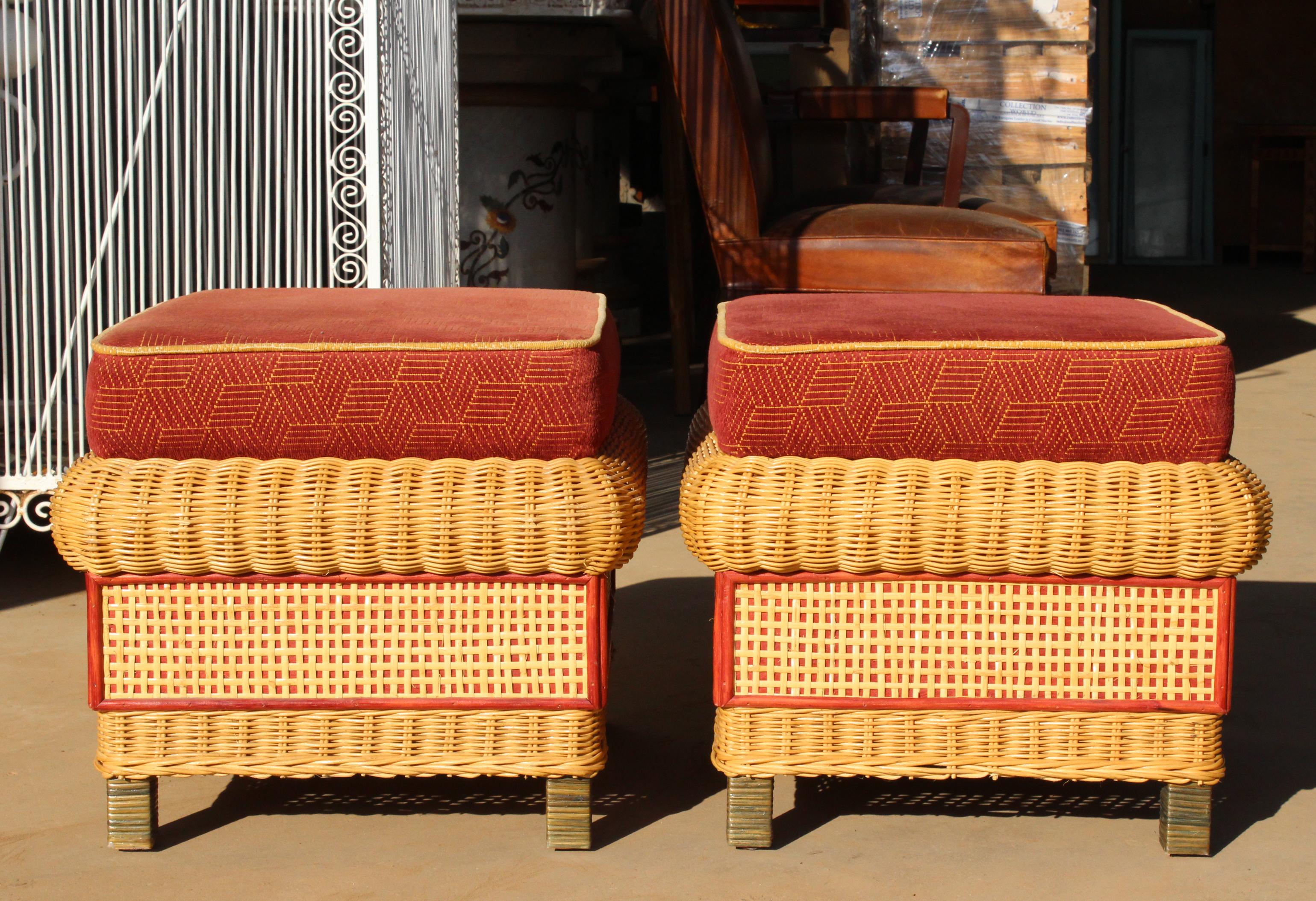 1980s pair of Spanish wicker puffs with red cushions.