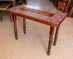 1980s Pair of Spanish Wooden Tables with Turned Legs and Tiled Top