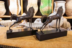 1980s Pair of Stylized Horse Sculptures in Bronze on Black Base
