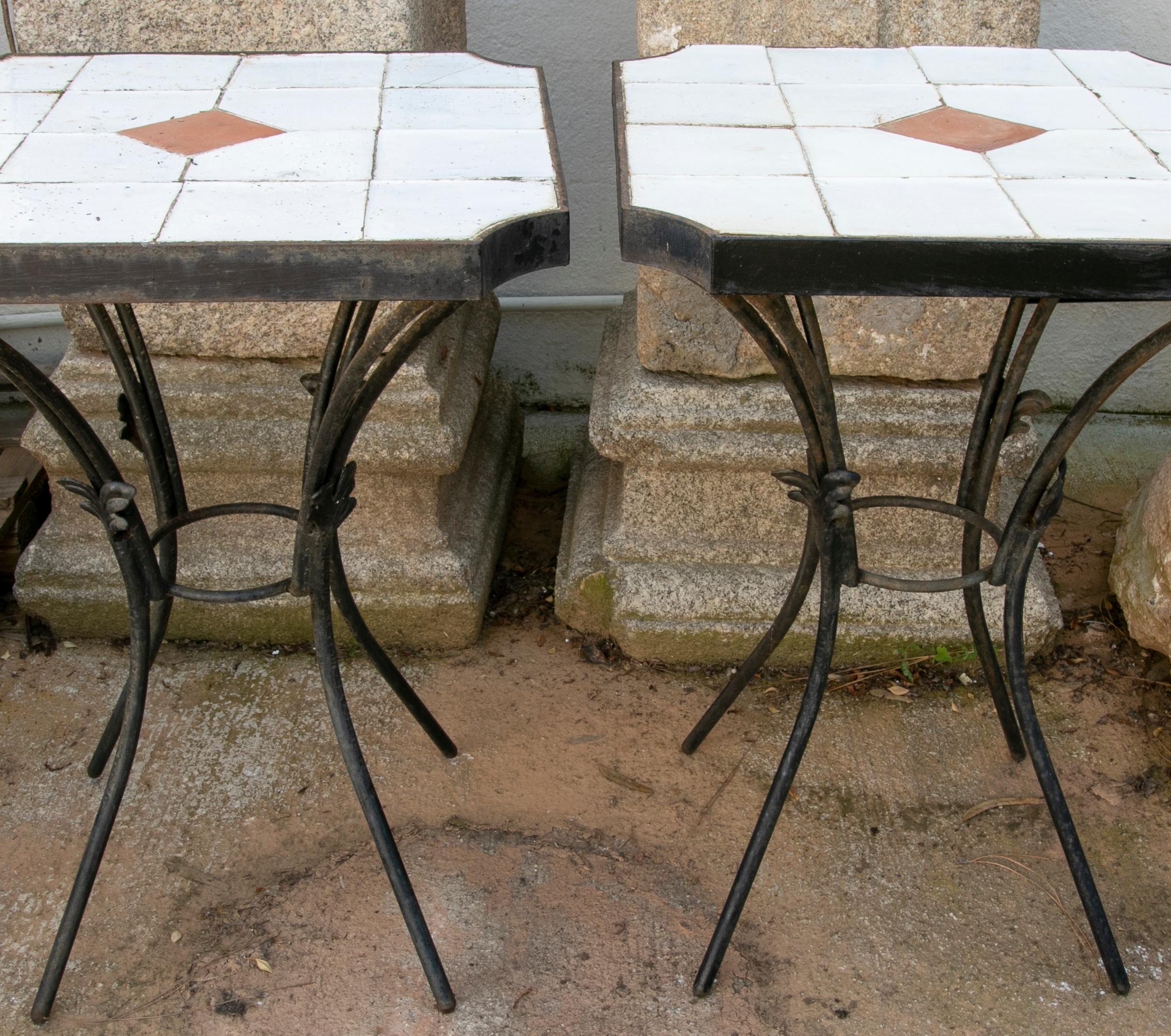 Spanish 1980s Pair of Tables with Iron Base and Geometrical Tiles on Top