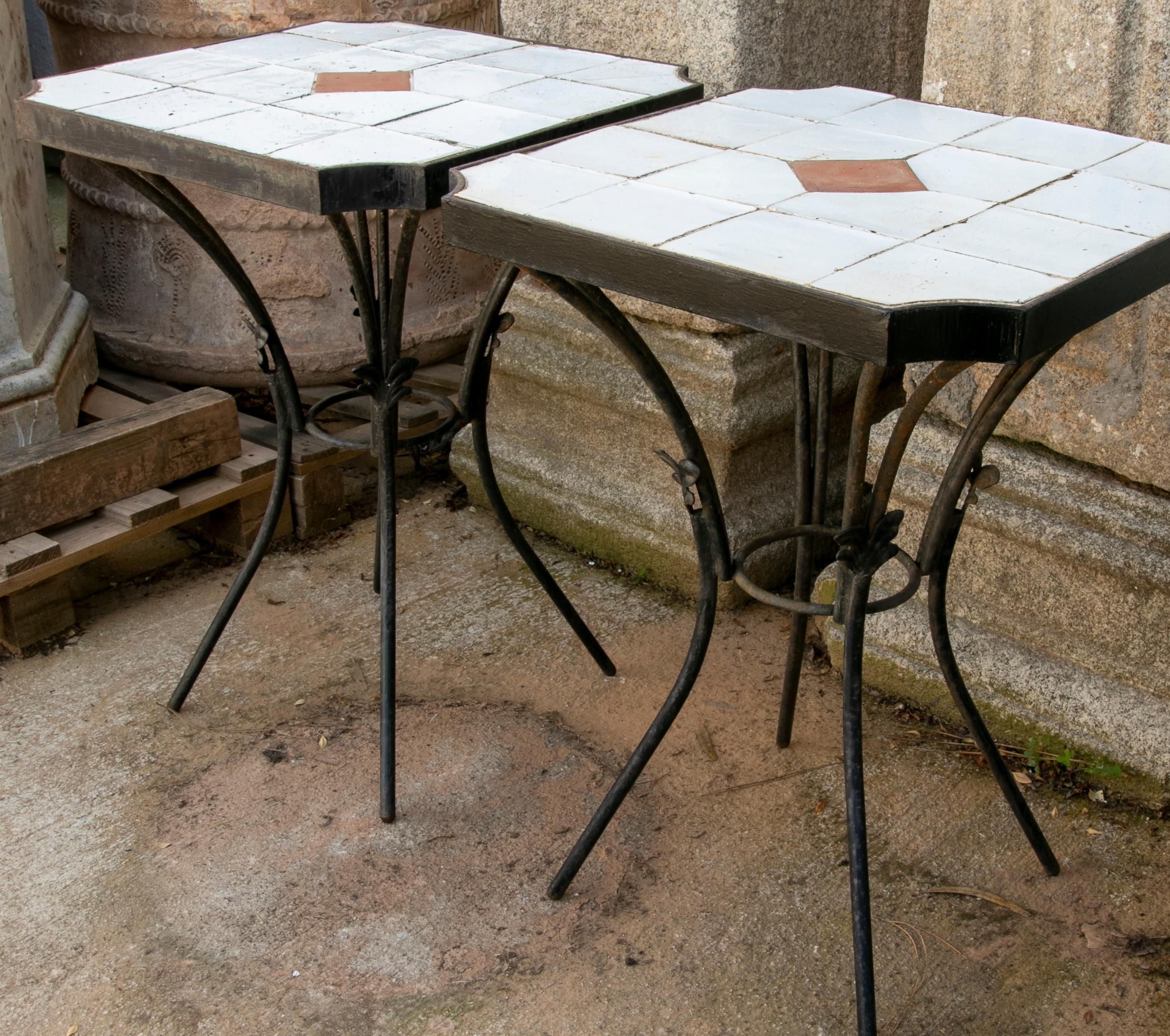 20th Century 1980s Pair of Tables with Iron Base and Geometrical Tiles on Top