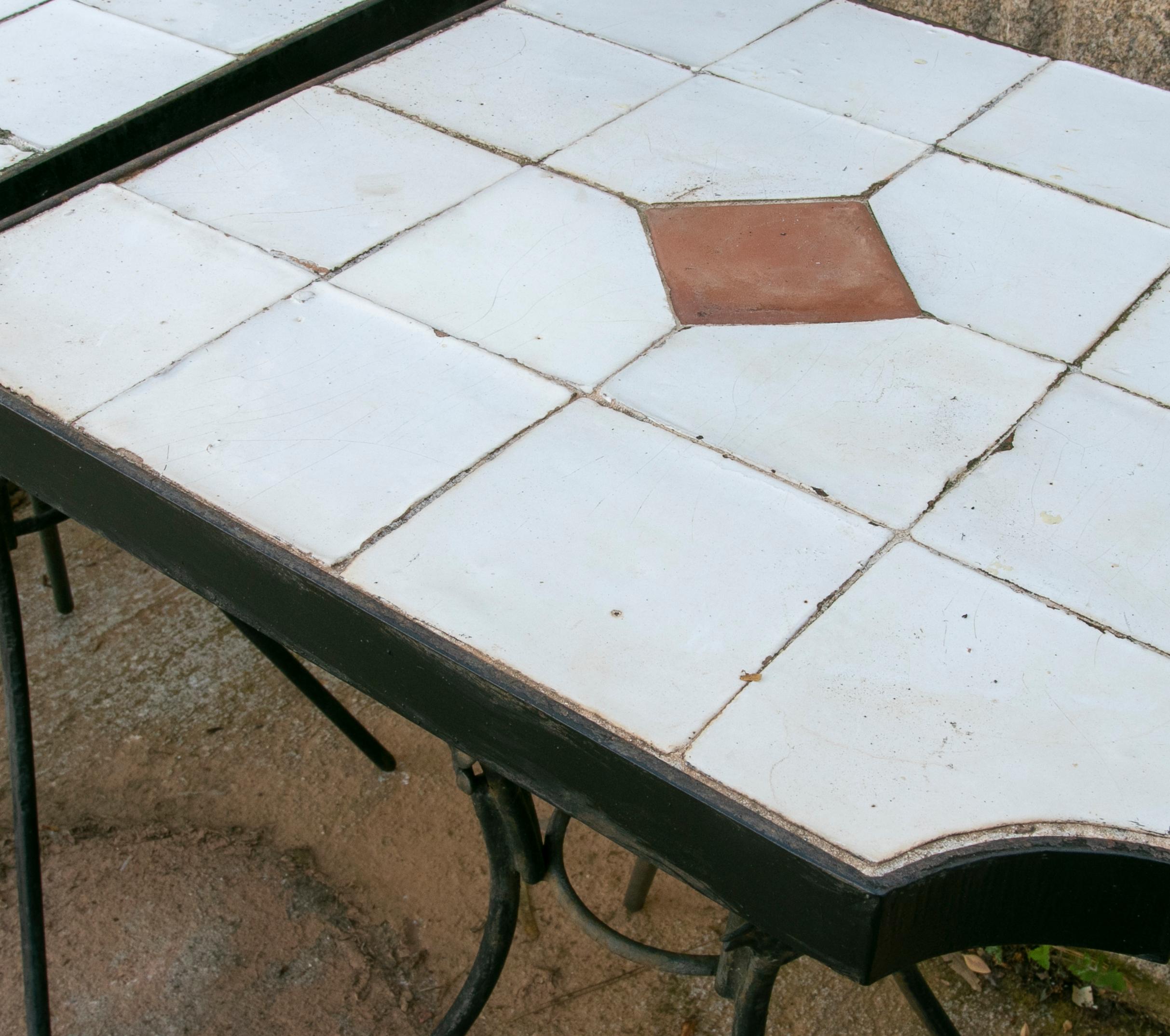 Ceramic 1980s Pair of Tables with Iron Base and Geometrical Tiles on Top