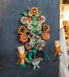 1980s Pair of three-light Italian Polychrome Iron Floral Wall Sconces