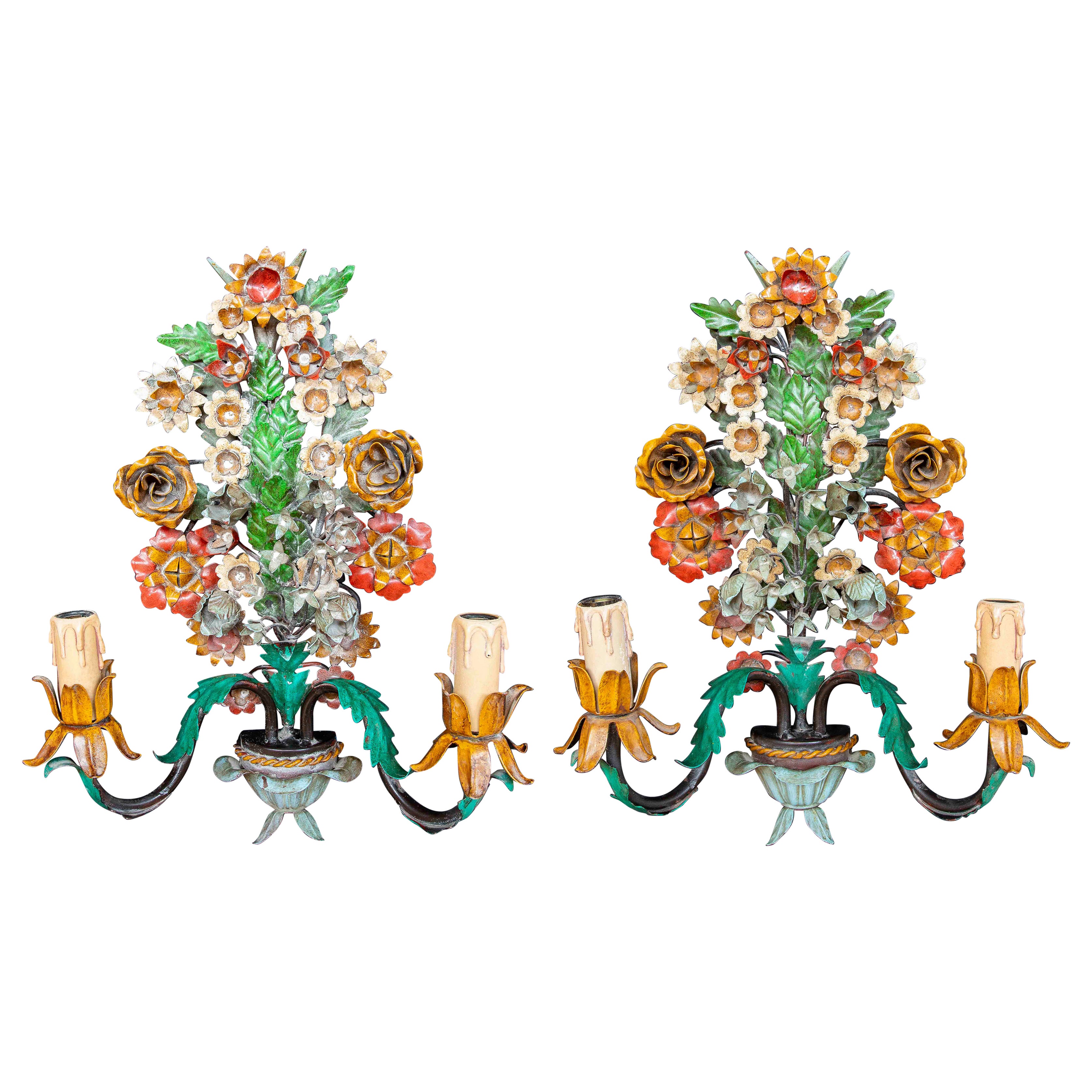 1980s Pair of three-light Italian Polychrome Iron Floral Wall Sconces
