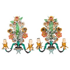 1980s Pair of three-light Italian Polychrome Iron Floral Wall Sconces