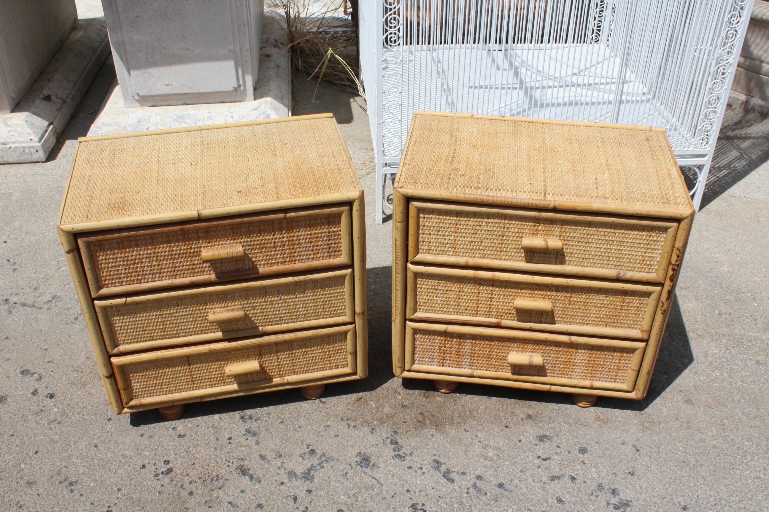 Pair of 1980s wicker and bamboo bedside tables.
 