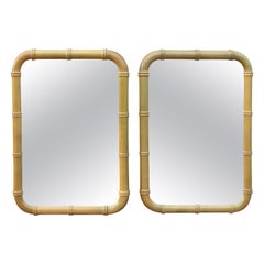 1980s Pair of Wooden Wall Mirrors in Green Colour Imitating Bamboo