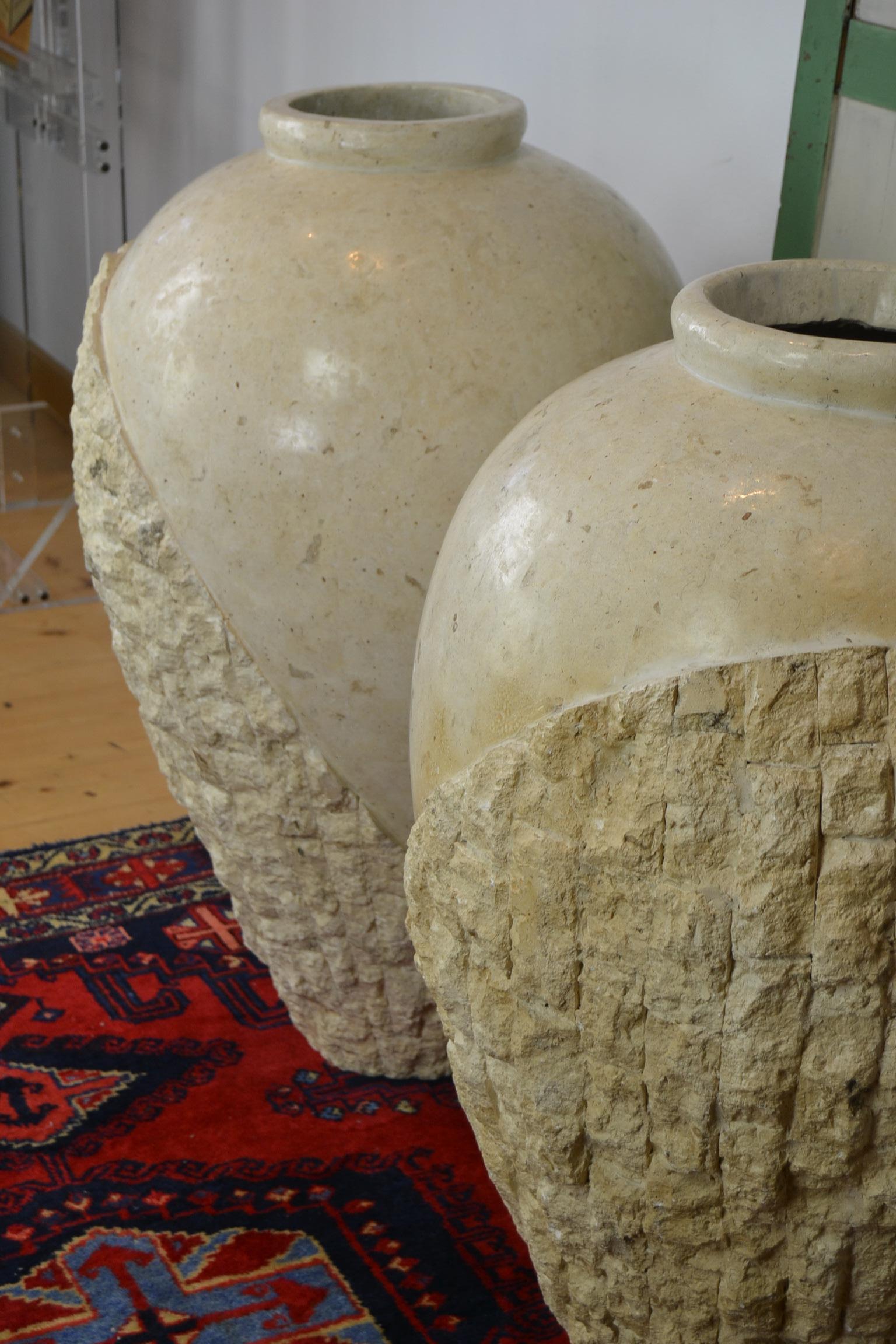 1980s Pair of XL Mactan Stone Vases 4