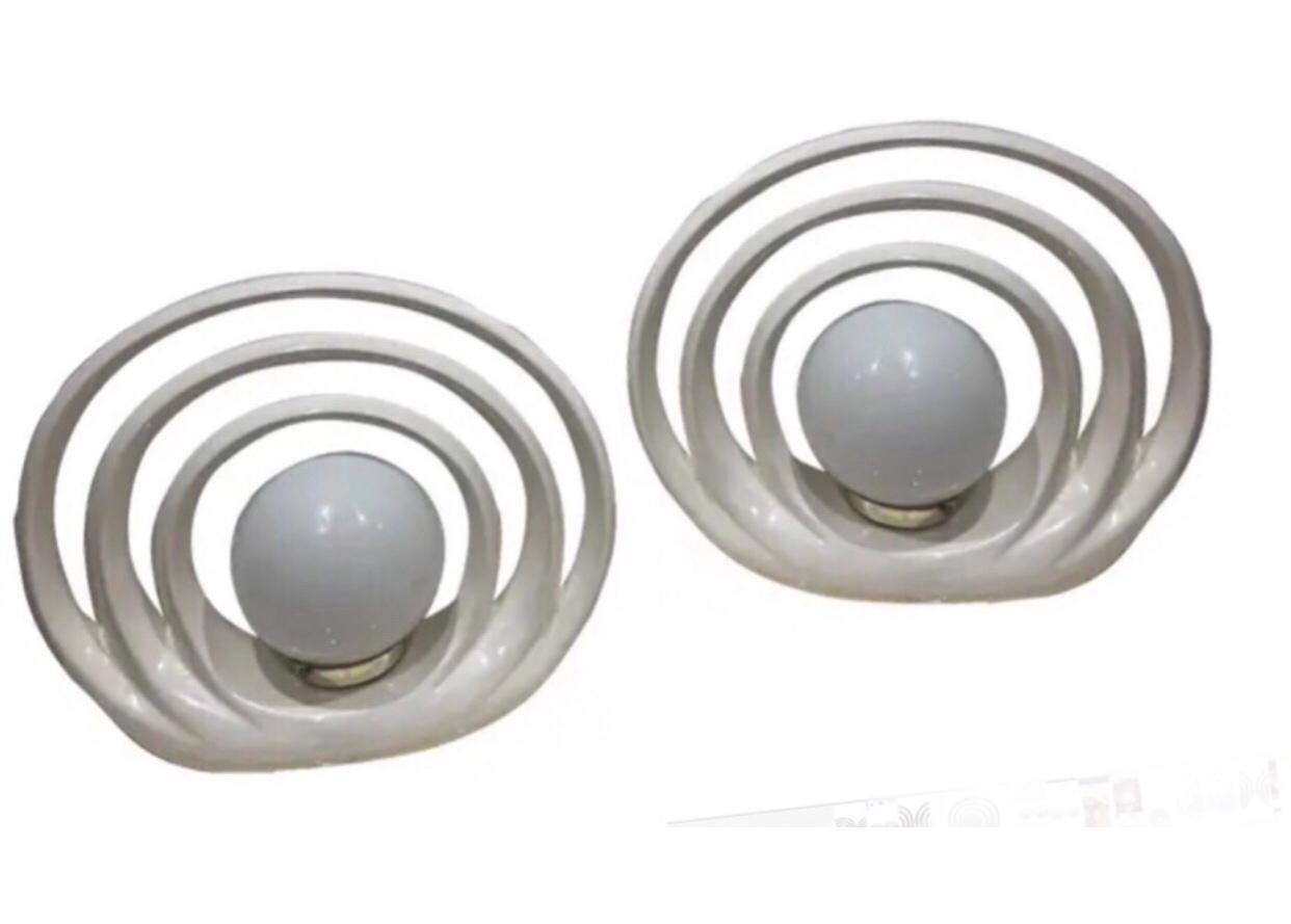Canadian 1980s Pair Postmodern Op Art Deco Halo Rougier Style Ellipse Table Lamps For Sale