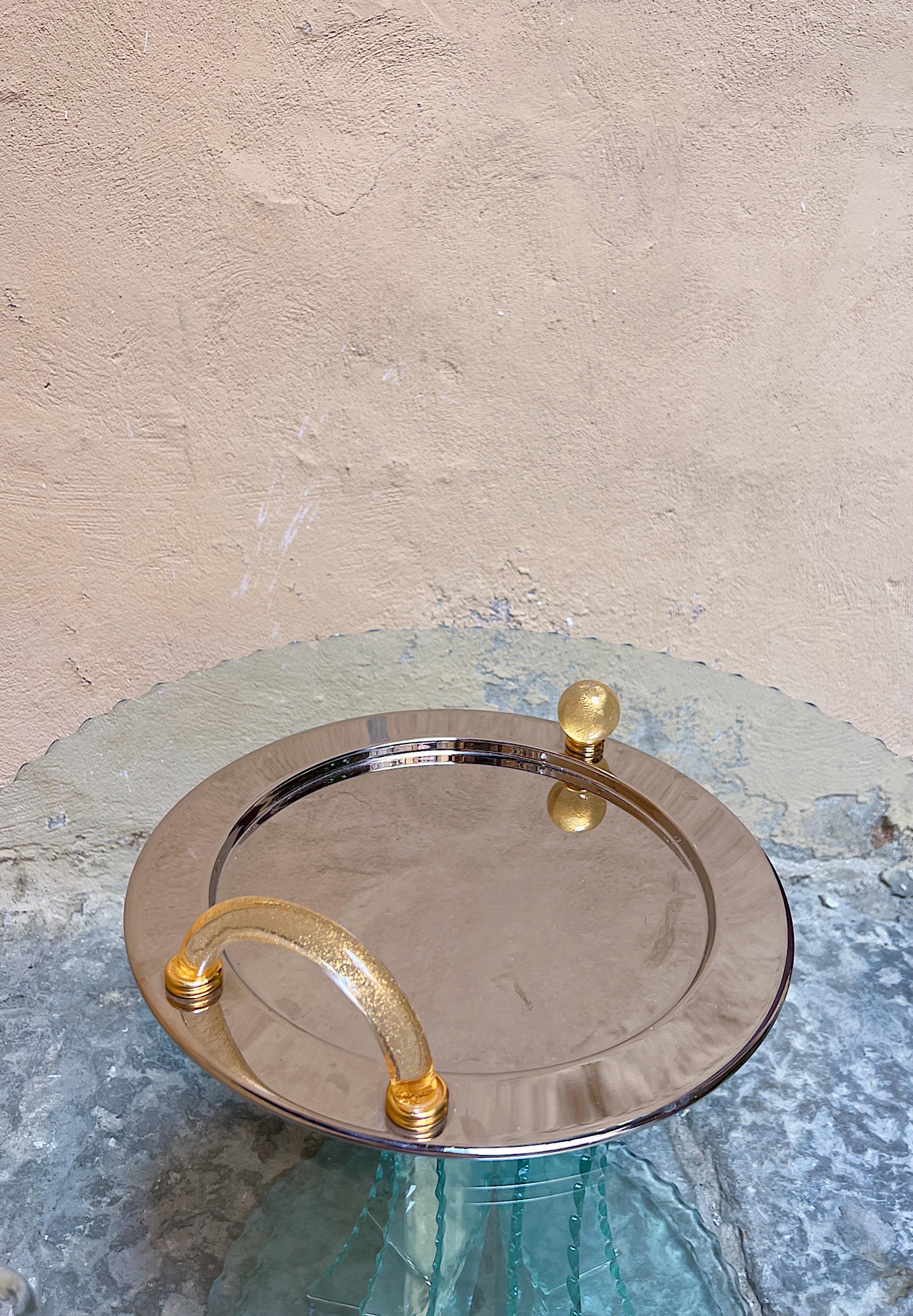Mid-Century Modern 1980s Palladium plated serving tray with Murano glass handles  For Sale
