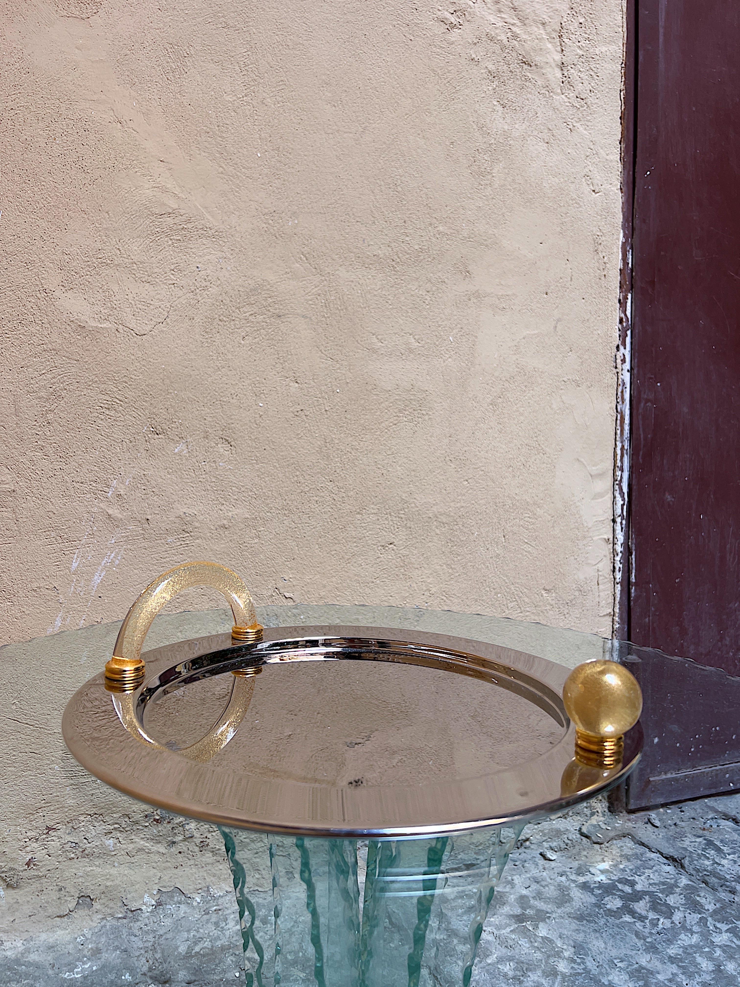 Italian 1980s Palladium plated serving tray with Murano glass handles  For Sale