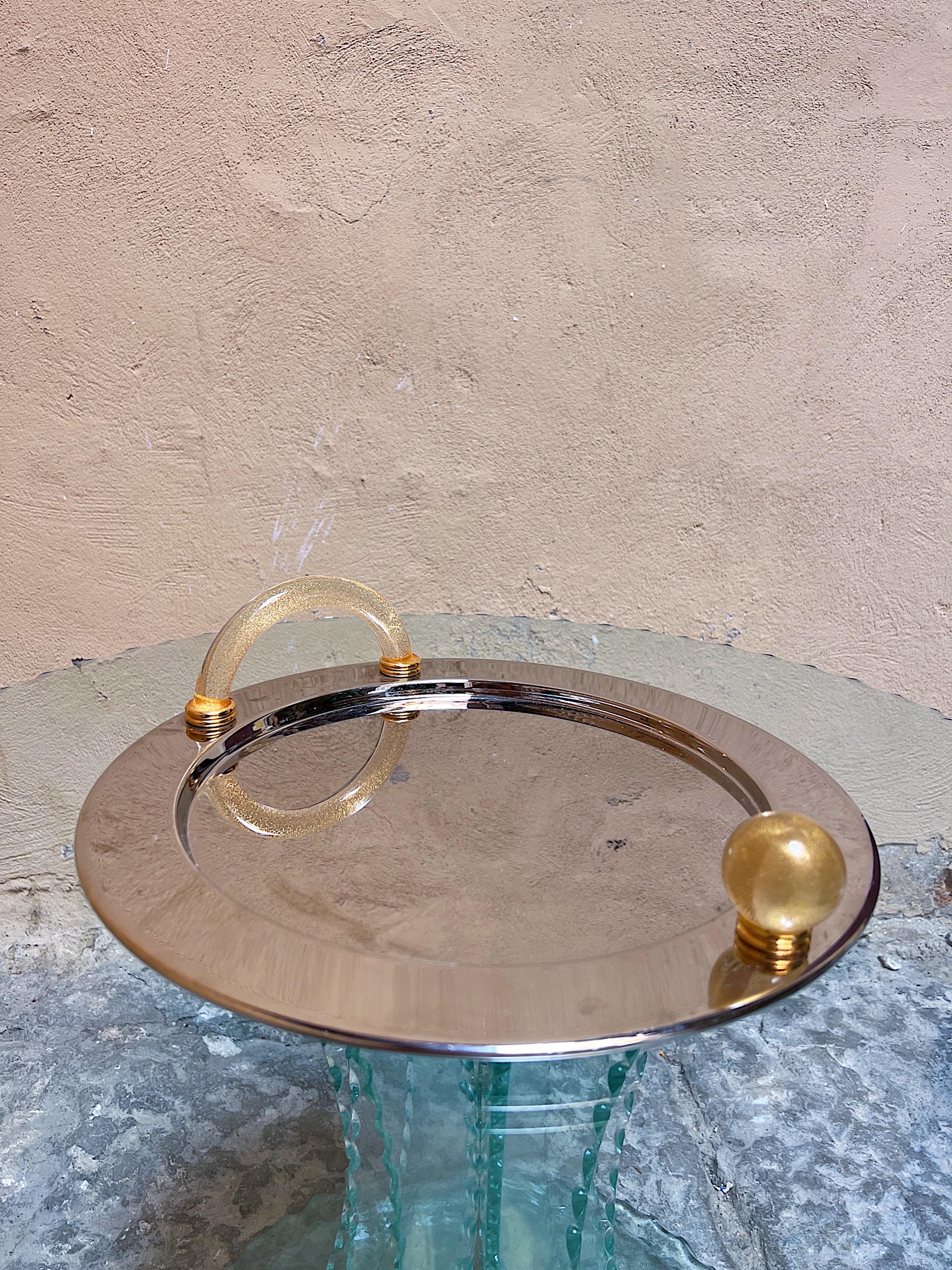 1980s Palladium plated serving tray with Murano glass handles  For Sale 1