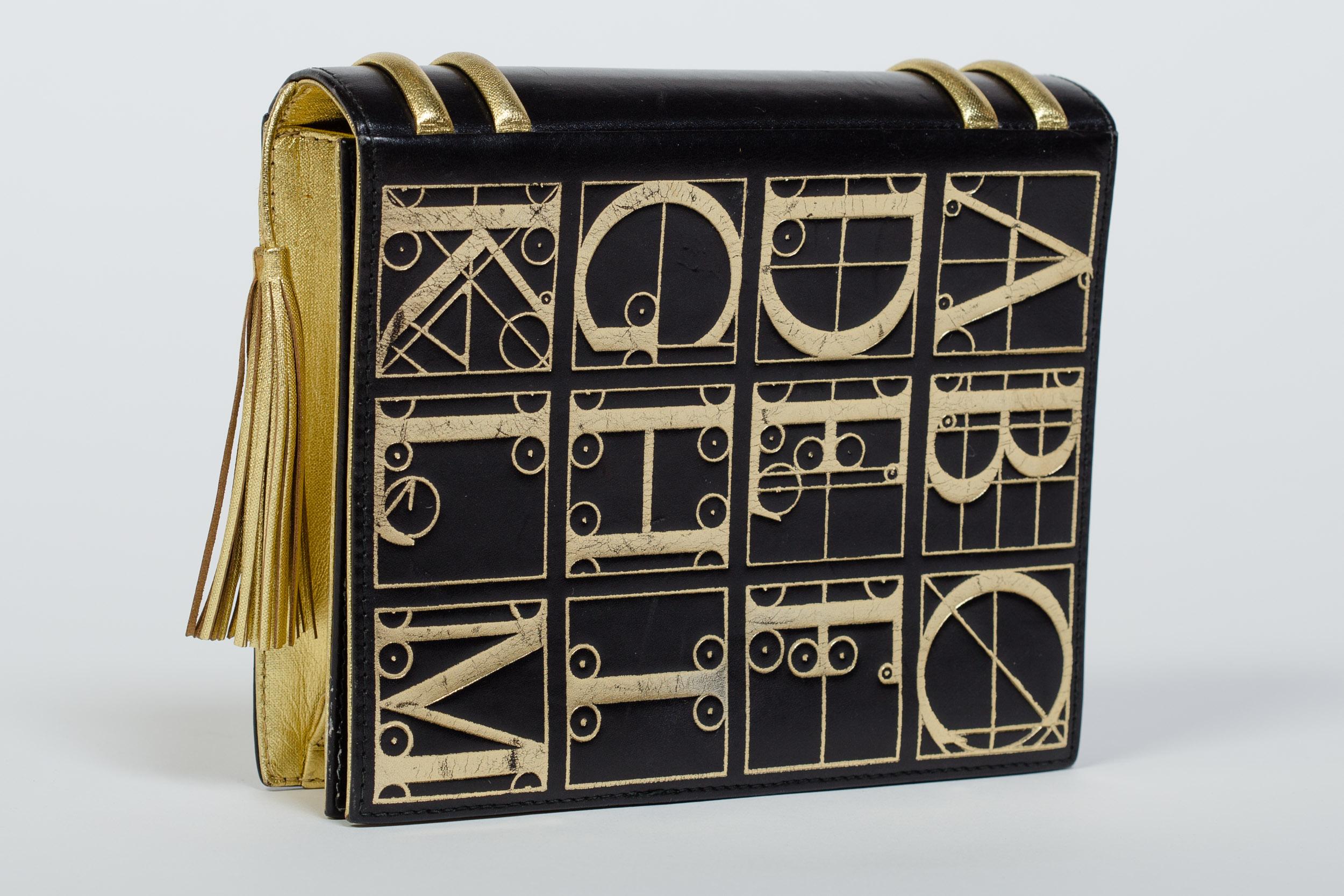 1980er Jahre Paloma Picasso Antik Gold Book Bag Clutch mit abnehmbarem Riemen (Schwarz)