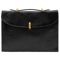 1980s Paloma Picasso Black Patterned Leather and Gold Hardware Briefcase