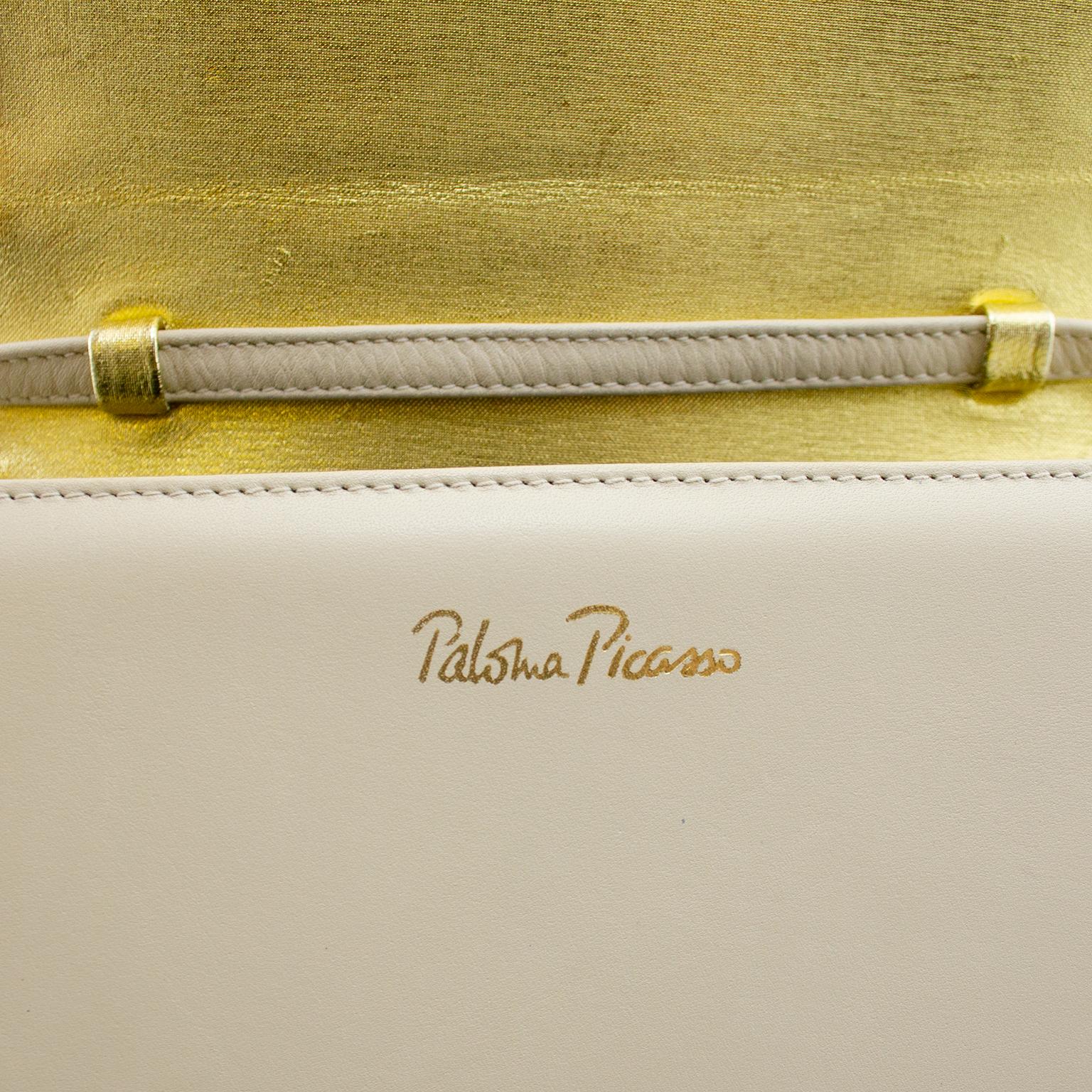 1980er Paloma Picasso Buchtasche aus cremefarbenem und goldenem Leder im Angebot 2