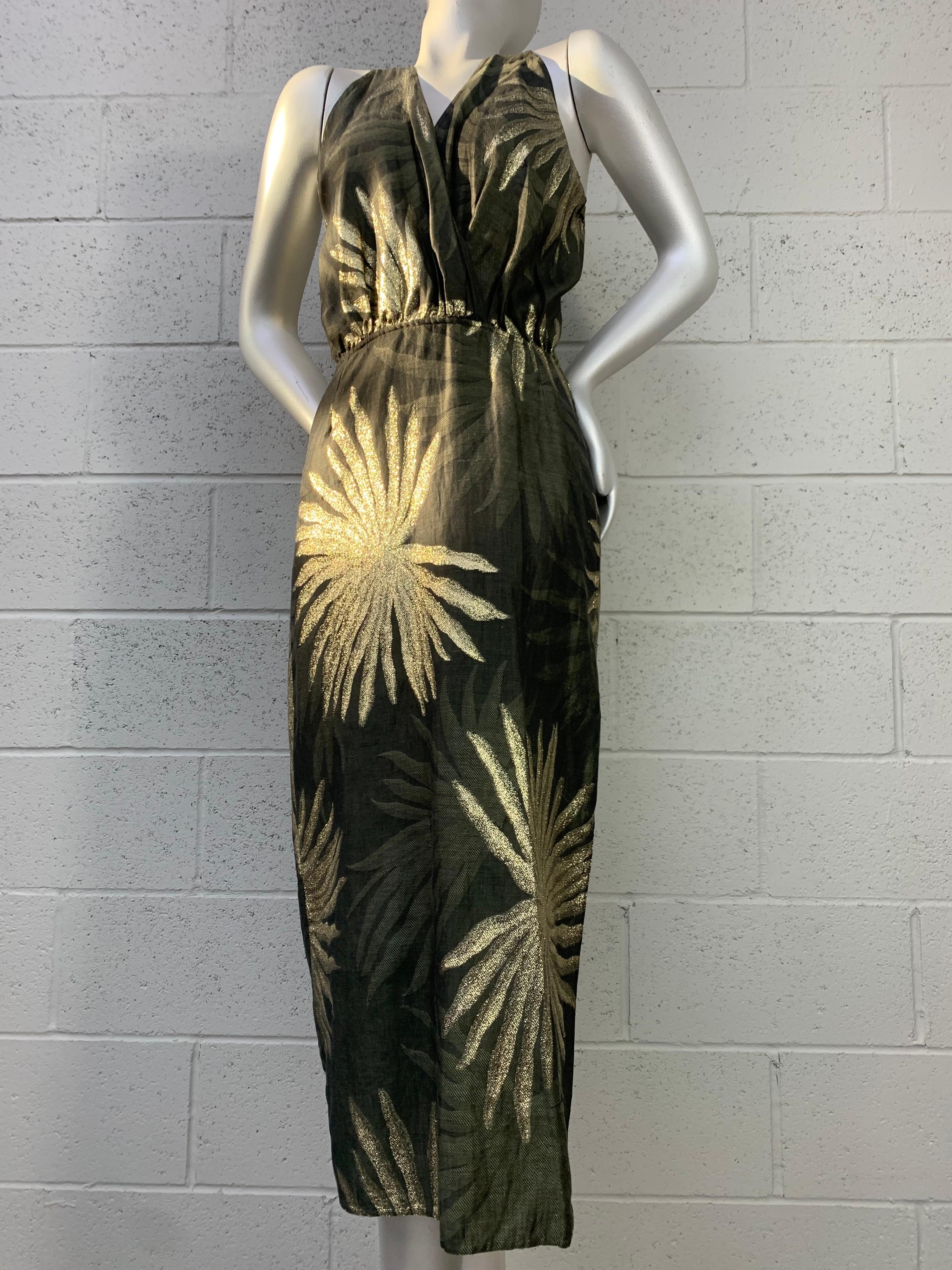 1980s Pancaldi & B Linen & Lame Criss-Cross Open-Back Halter Gown w/ Palm Leaf Motif: Plunging front décolletage and side slit.  Unlined. Side zipper. Size 6